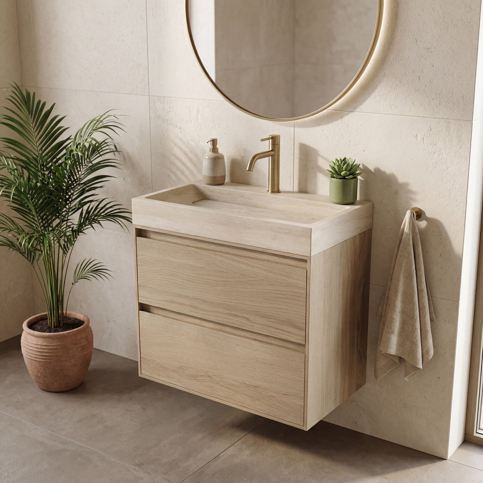 FORZALAQUA IBIZA BELLEZZA Waschbecken mit Unterschrank 80 cm breit, Braun hell, Natursteinwaschbecken Travertin matt mit Hahnloch, 2 Schubladen