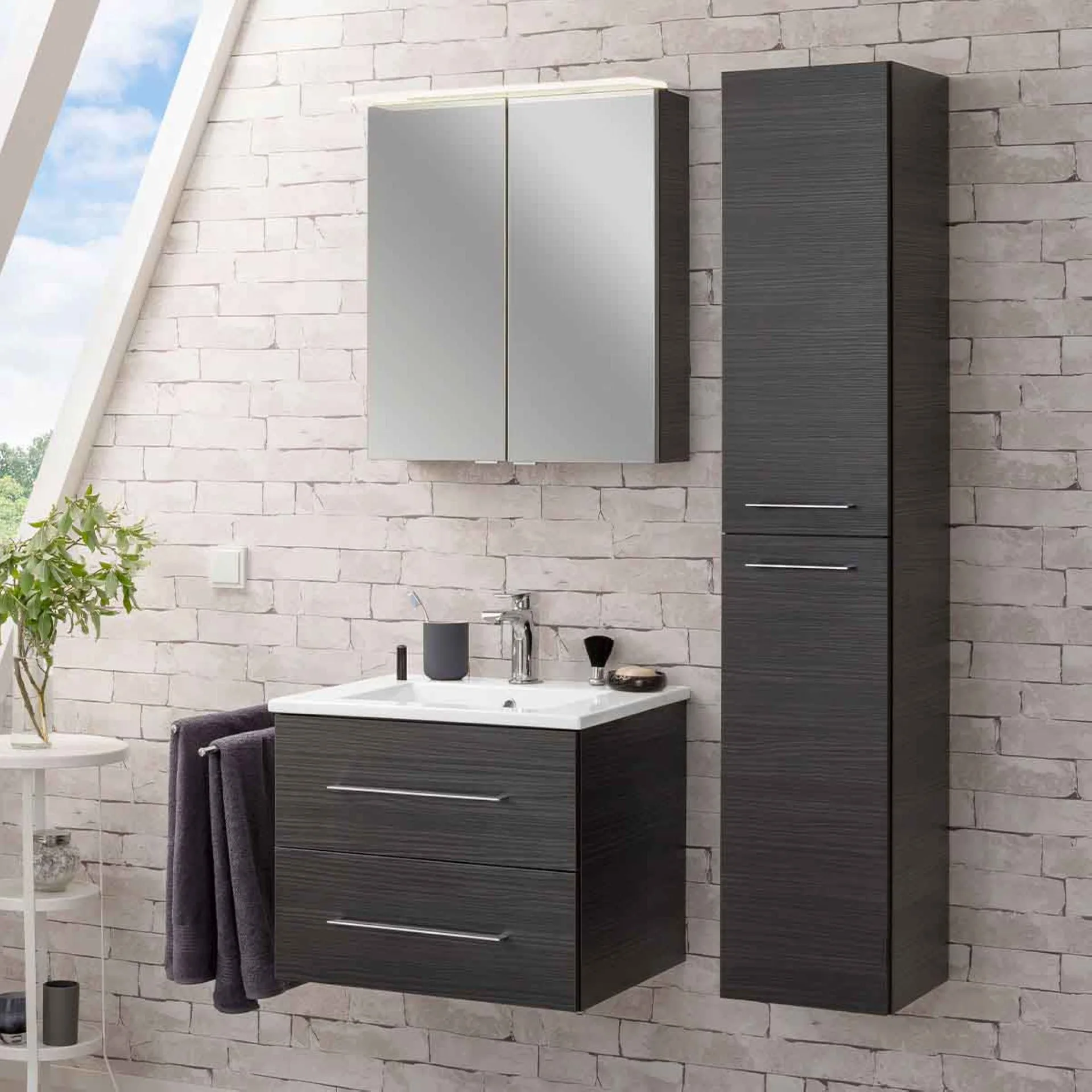 FACKELMANN B.PERFEKT Waschtisch Set mit Spiegelschrank 62 cm breit, Anthrazit, Waschbecken Keramik Weiß