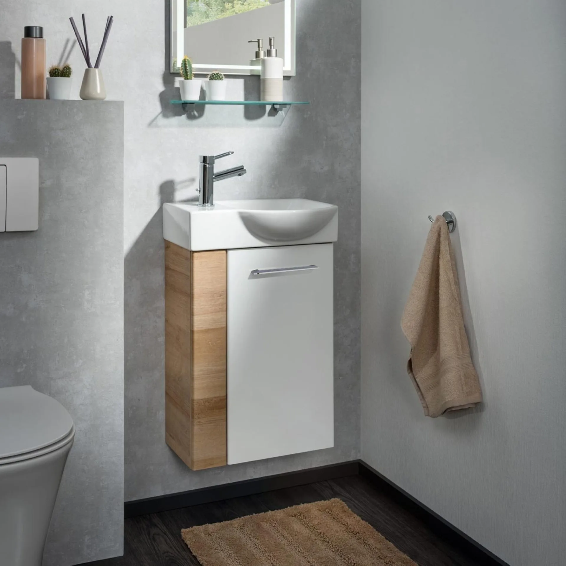 FACKELMANN SBC MILANO Gäste WC Waschtisch Set 45 cm breit, Weiß/Braun hell, Waschbecken Keramik Weiß, Türanschlag rechts