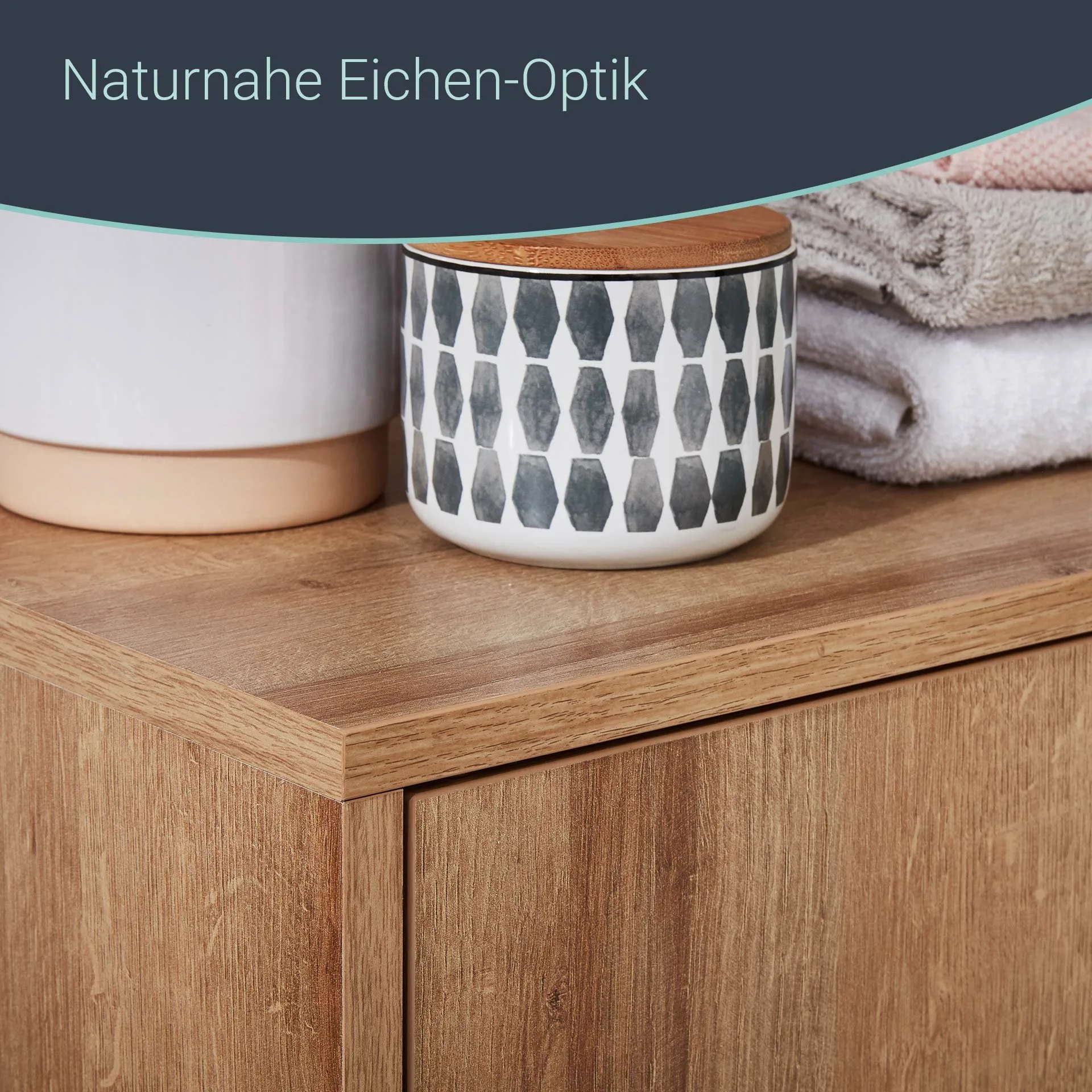 FACKELMANN FINN Waschbecken mit Unterschrank 60 cm breit, Braun hell, Waschbecken Keramik Weiß + Holzfüße