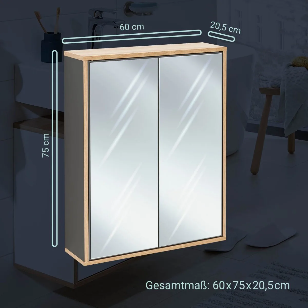 FACKELMANN FINN Spiegelschrank 60 cm breit, Anthrazit/Braun hell