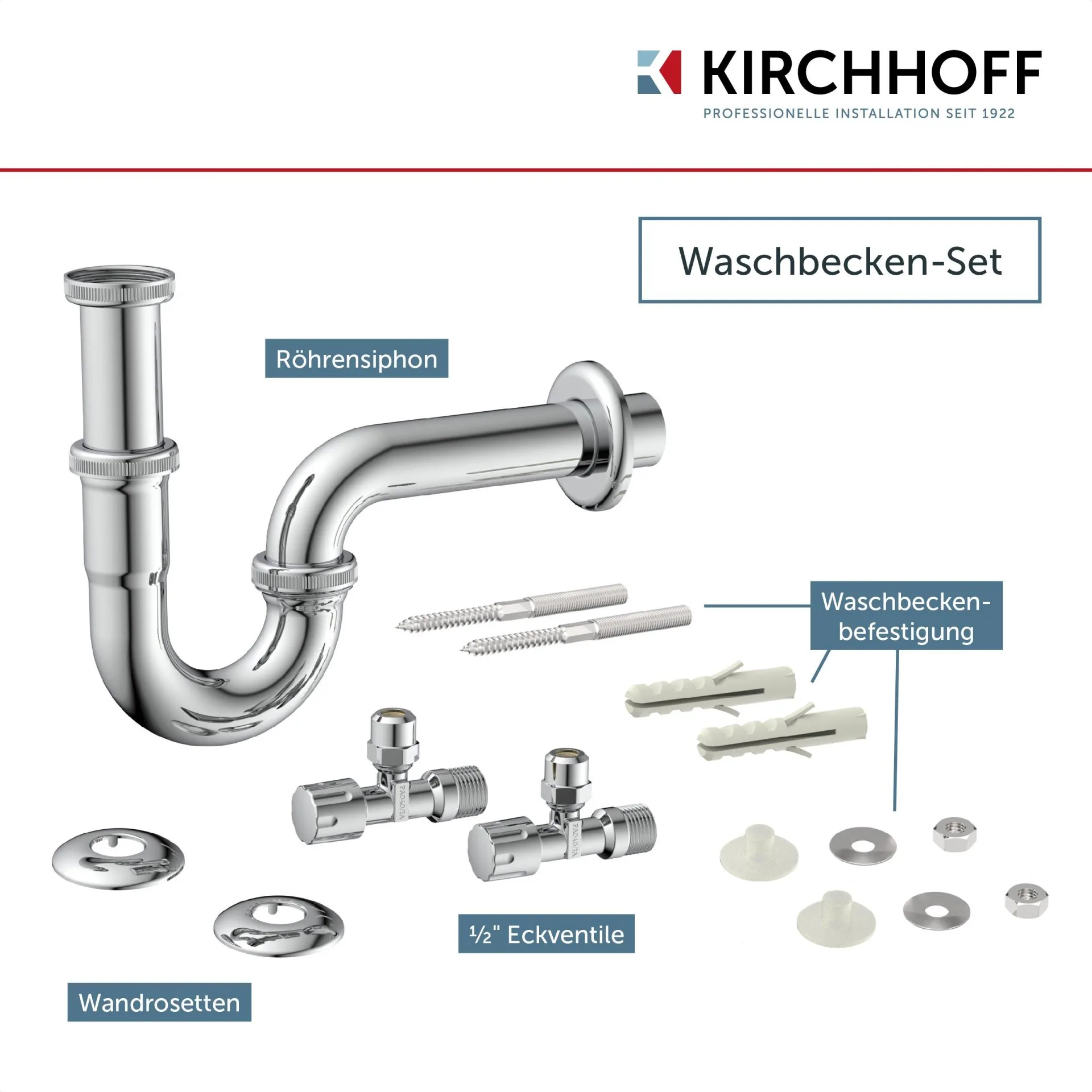 KIRCHHOFF Siphon, Chrom, 1 1/4 " x 32 mm, inkl. Befestigung und zwei Eckventilen
