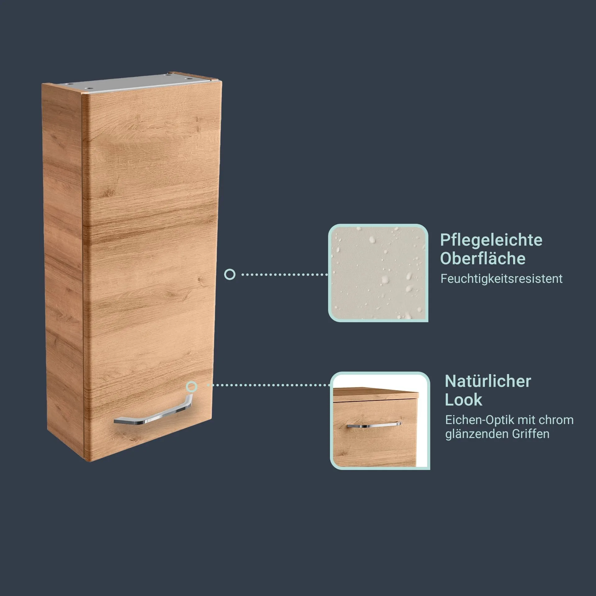 FACKELMANN MILANO Badmöbel Set 4-teilig 88 cm breit, Braun hell, Waschbecken Keramik Weiß + LED Spiegelschrank + Hängeschrank