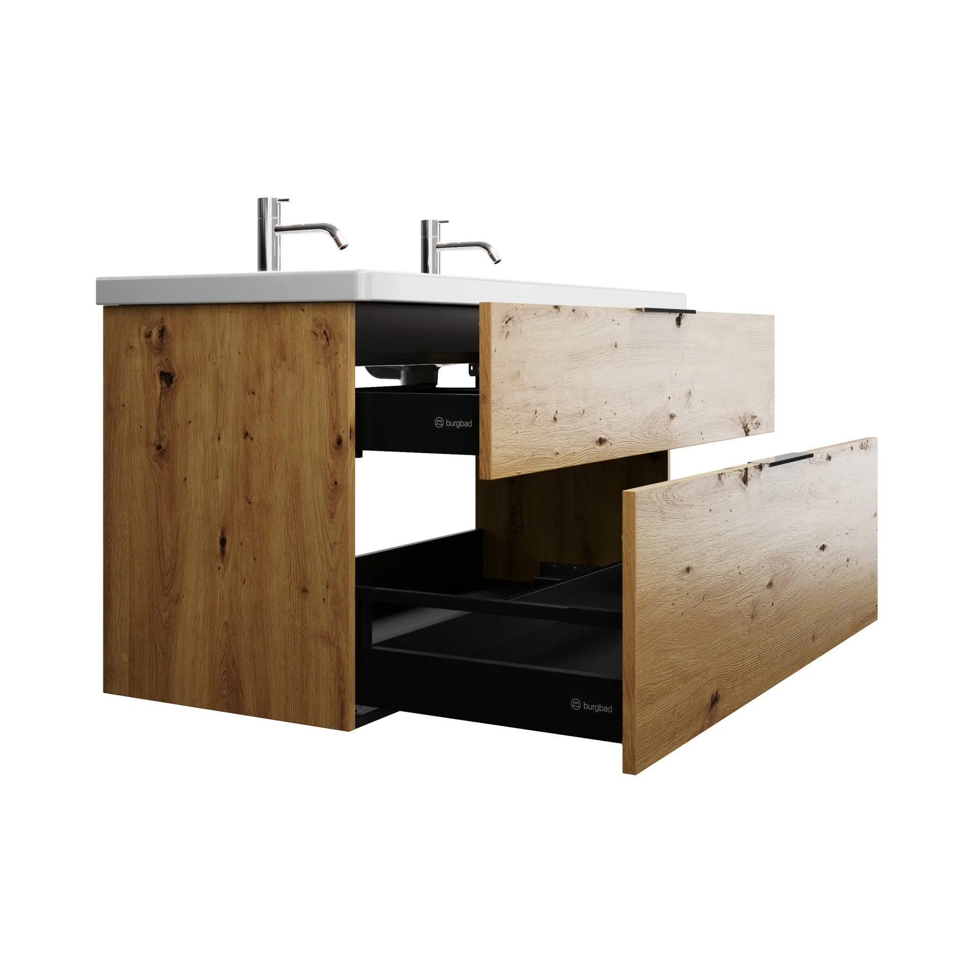 Burgbad EQIO Waschbecken mit Unterschrank 123 cm breit, Braun, Waschbecken Keramik Weiß, 2 Hahnlöcher