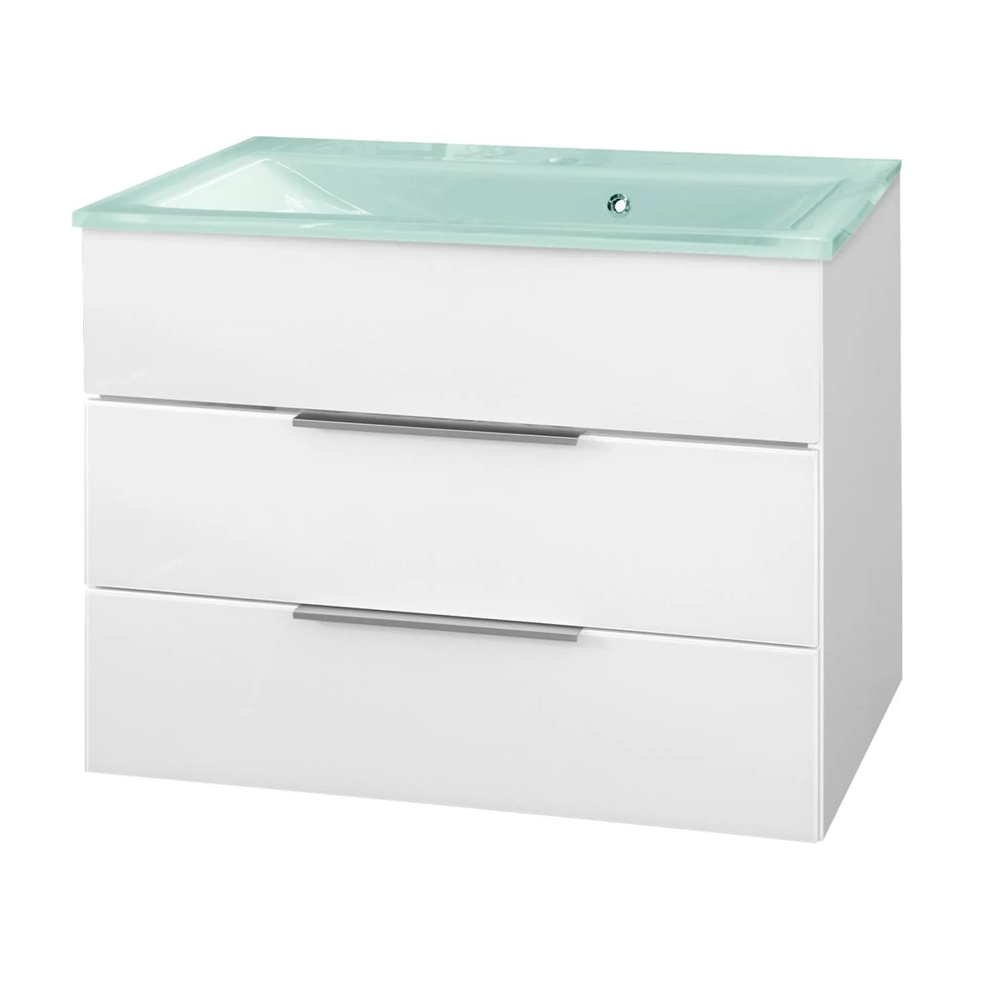 FACKELMANN KARA Waschbecken mit Unterschrank 80 cm breit, Weiß, Waschbecken Glas Mint, 2 Schubladen