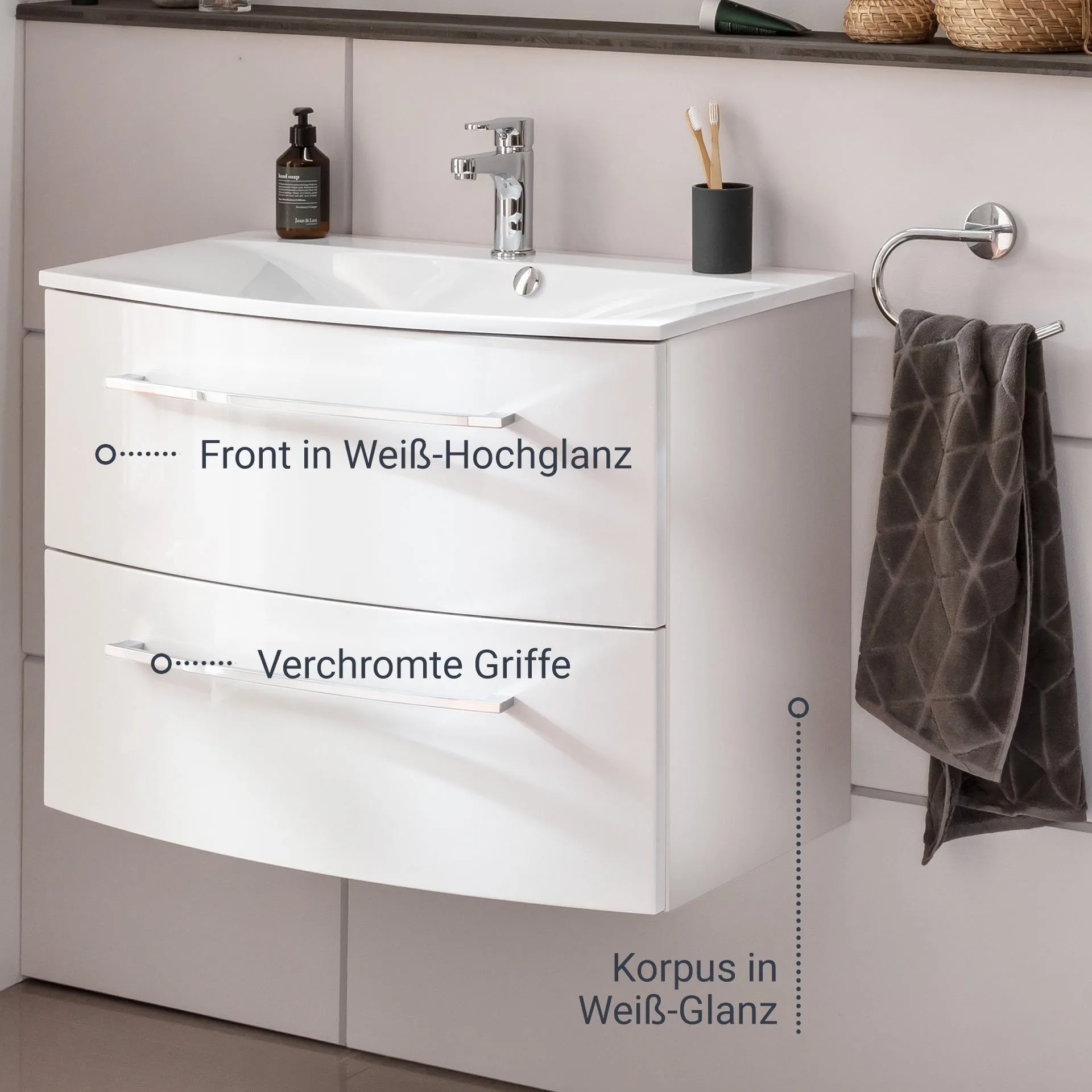 Fackelmann VERONA Waschbeckenunterschrank 79,4 cm breit, Weiß Hochglanz