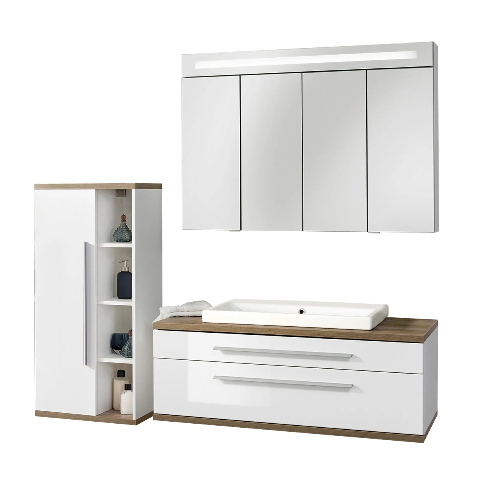 FACKELMANN STANFORD Badmöbel Set 4-teilig 110 cm breit, Weiß/Braun hell, Waschbecken Keramik Weiß + LED Spiegelschrank + Midischrank