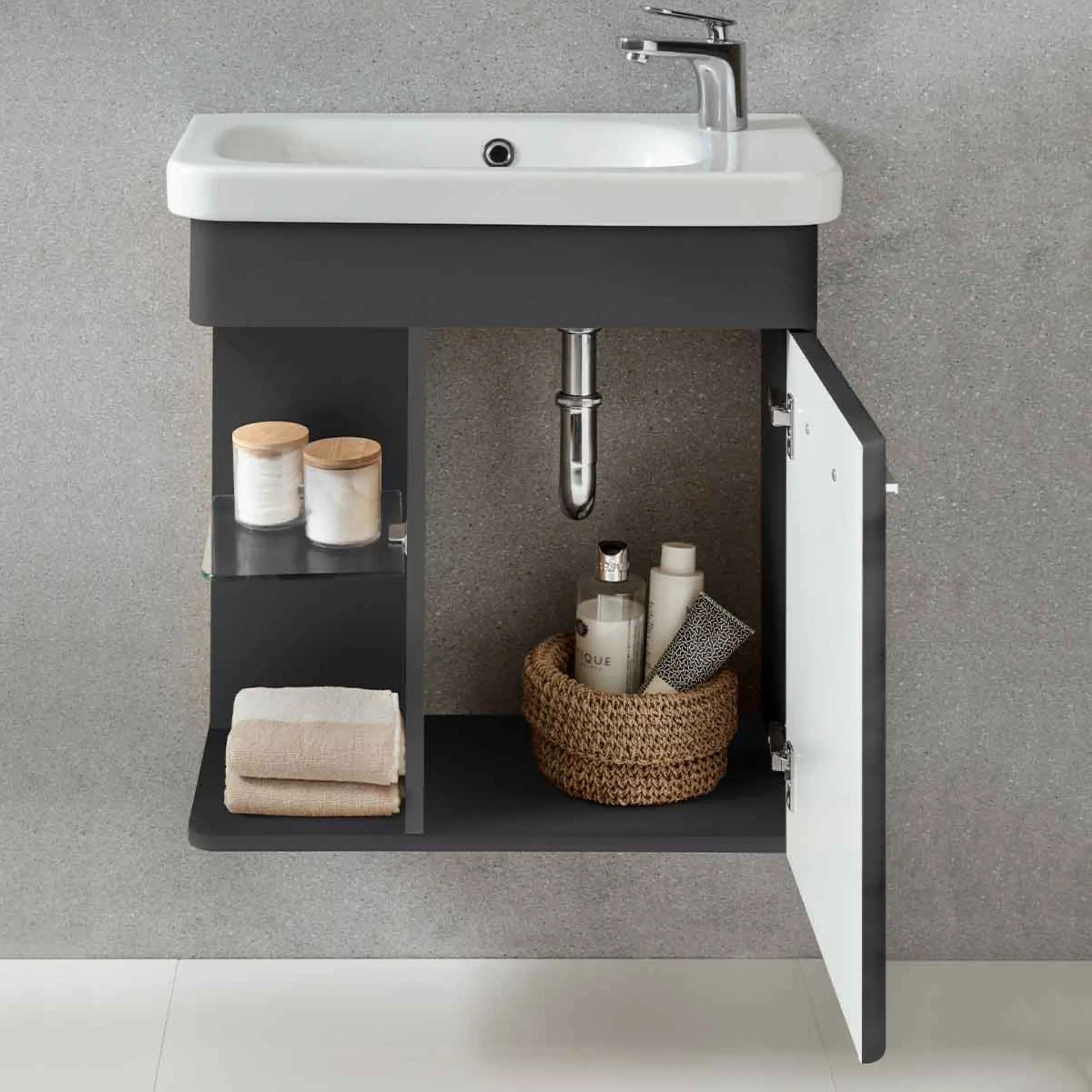 LANZET K8 Gäste WC Waschtisch Set 60 cm breit, Anthrazit, Waschbecken Keramik Weiß, Türanschlag rechts