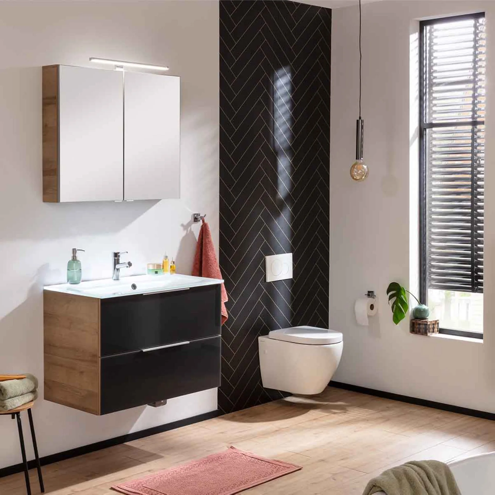 FACKELMANN B.BRILLLANT Waschtisch Set mit Spiegelschrank 80 cm breit, Anthrazit Glas/Braun hell, Waschbecken Glas Weiß