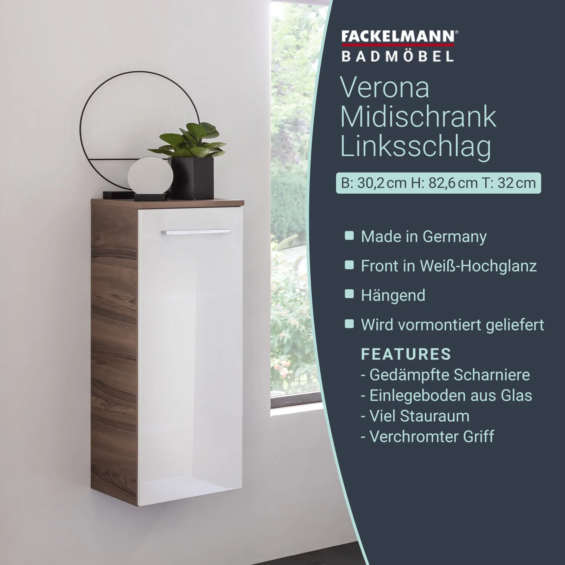 FACKELMANN VERONA Midischrank 30 cm breit, Weiß Hochglanz/Braun Dunkel, Türanschlag links
