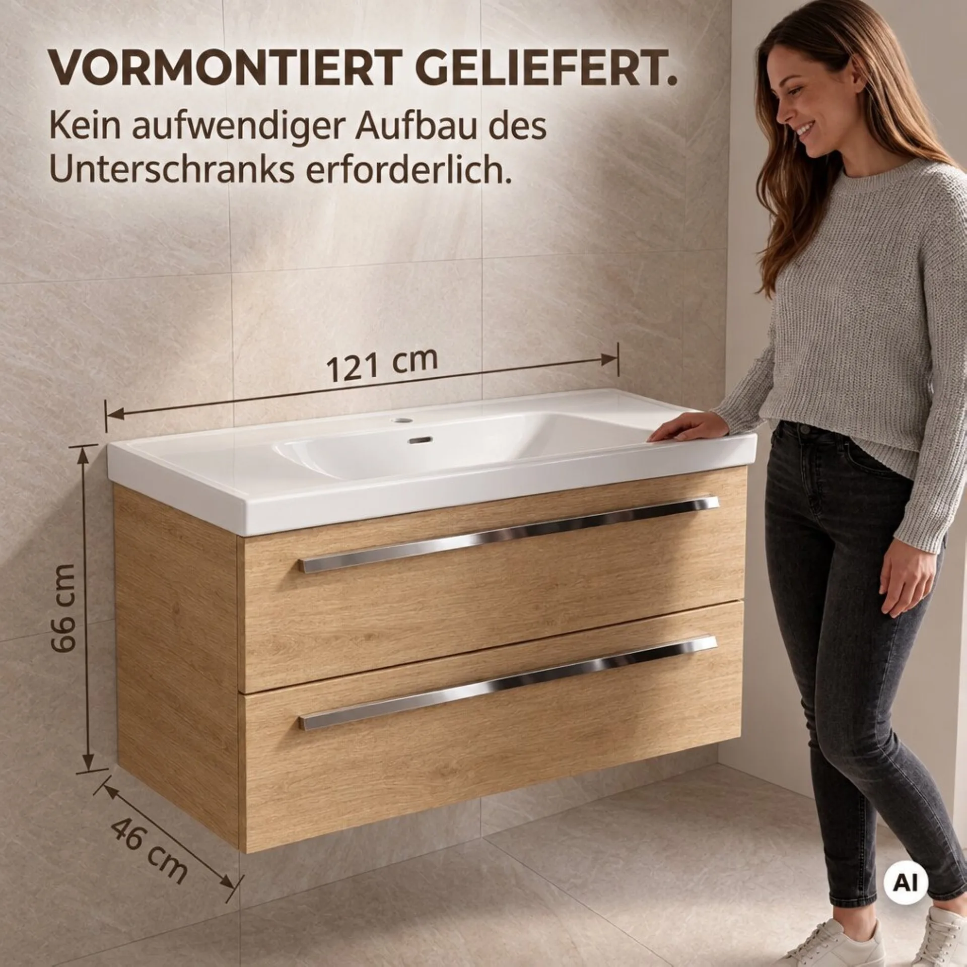 BADEDU TESSANO Waschbecken mit Unterschrank 120 cm breit, Braun hell, Waschbecken Keramik Weiß