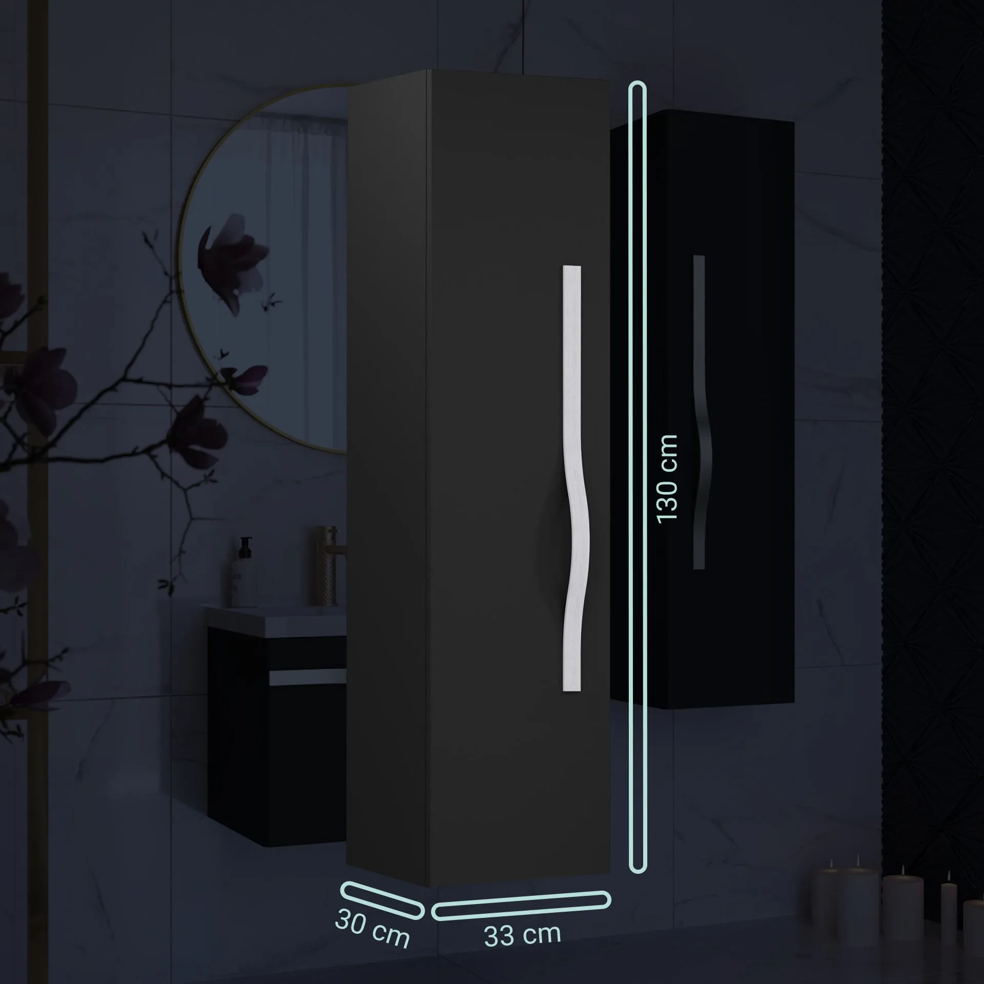 BADEDU FILS Hochschrank 33 cm breit, Schwarz, Griff Silber