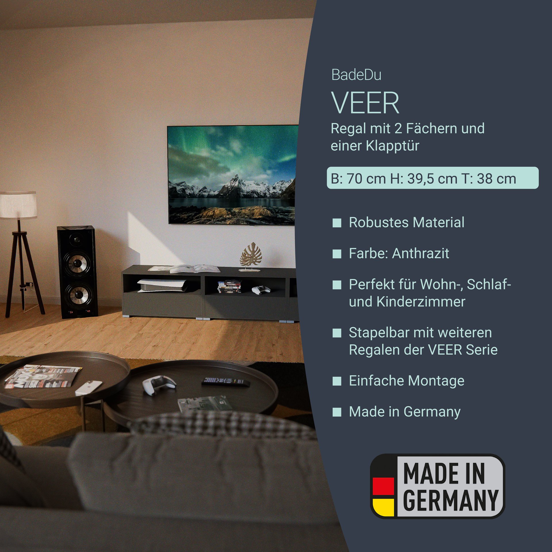 BADEDU VEER Regal 70 cm breit, Anthrazit, 2 Fächer mit Tür