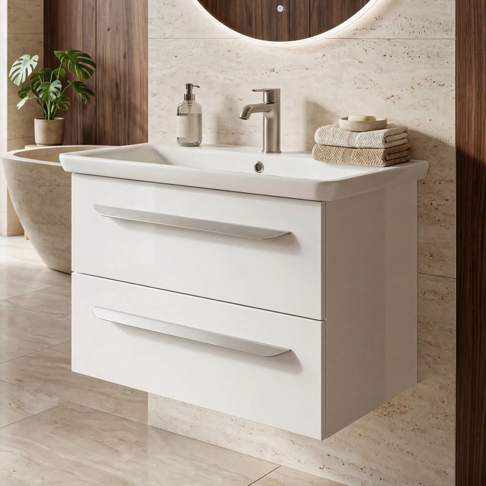 LANZET M9 Waschbecken mit Unterschrank 70 cm breit, Weiß, Waschbecken Gussmarmor Weiß + Waschbeckenbeleuchtung