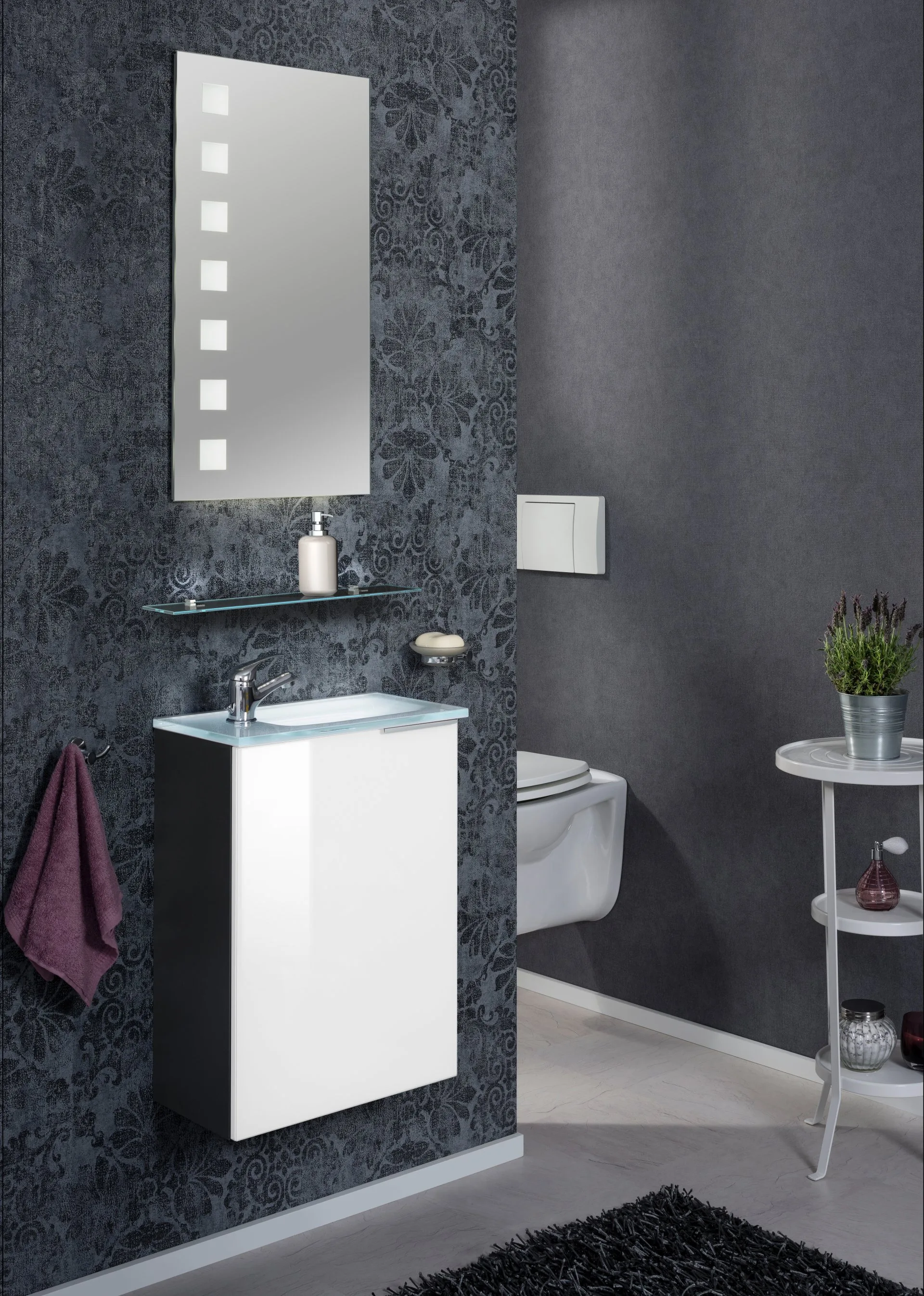 FACKELMANN SBC KARA Gäste WC Waschtisch Set 45 cm breit, Weiß/Anthrazit, Waschbecken Glas Weiß, Türanschlag links
