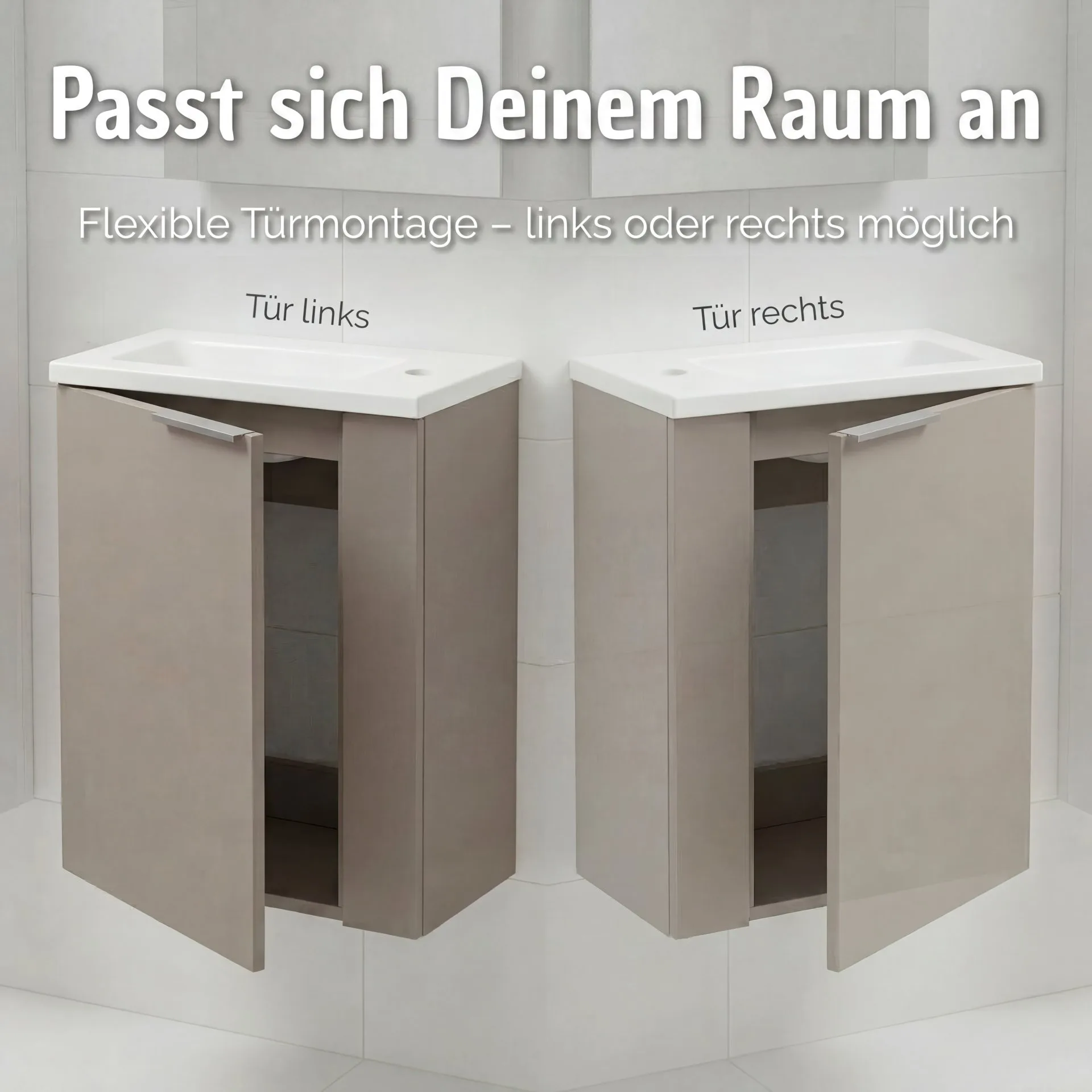 BADEDU UMEA Gäste WC Waschtisch Set 50 cm breit, Grau, Waschbecken Gussmarmor Weiß