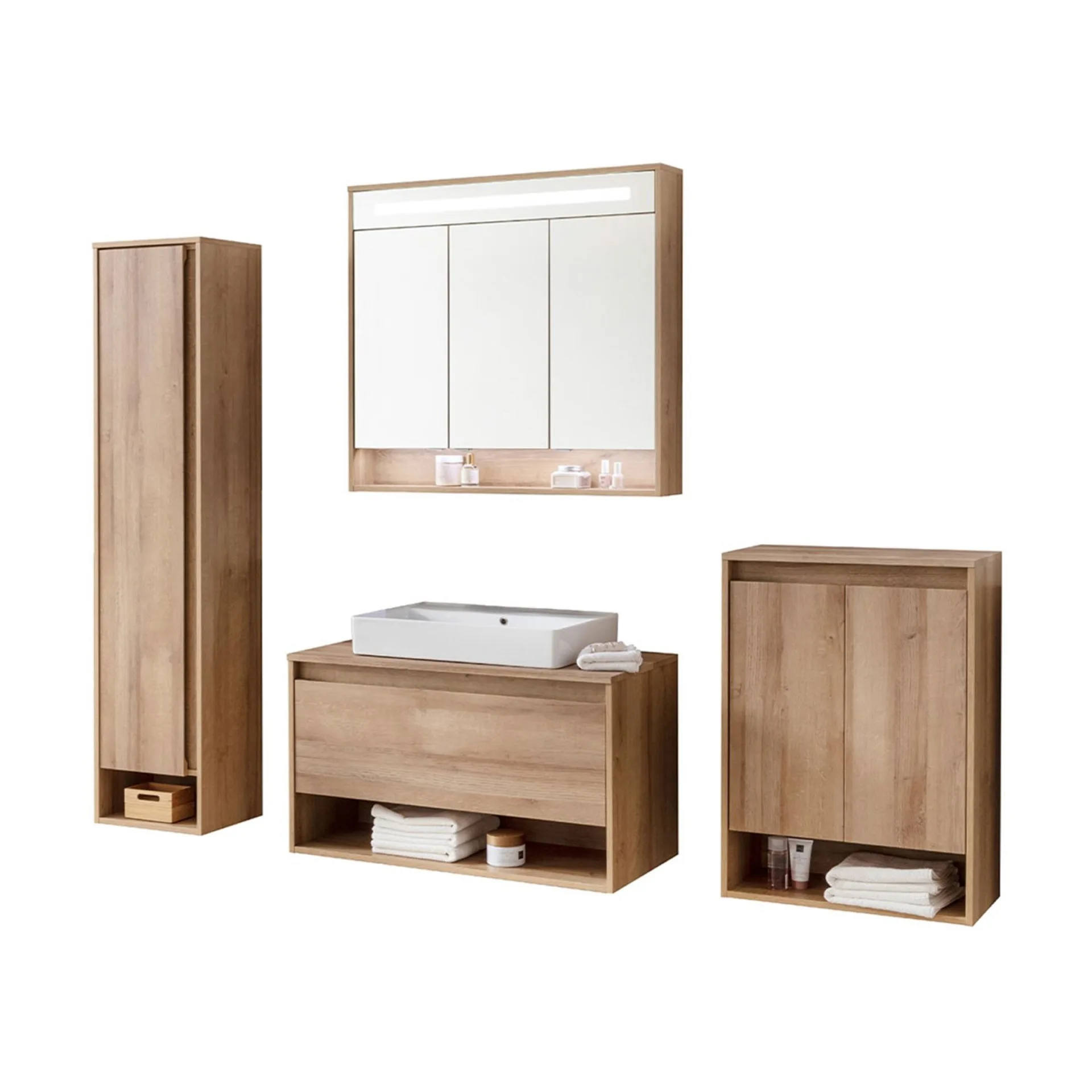 Fackelmann NATURA Badmöbel Set 5-teilig, 94 cm, Braun hell+Spiegelschrank+Midischrank+Hochschrank links