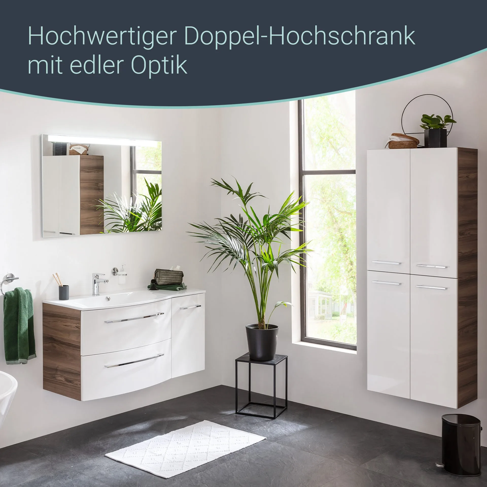 FACKELMANN VERONA Doppel Hochschrank 60 cm breit, Weiß Hochglanz/Braun Dunkel