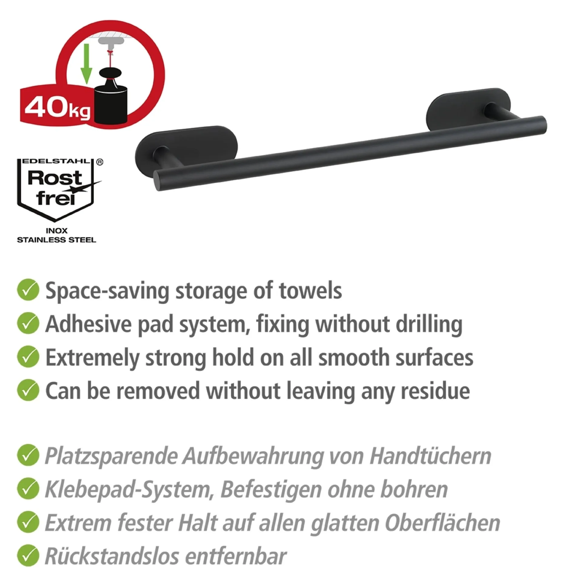 WENKO OREA Handtuchhalter 40 cm, Schwarz matt, Edelstahl, Befestigen ohne Bohren