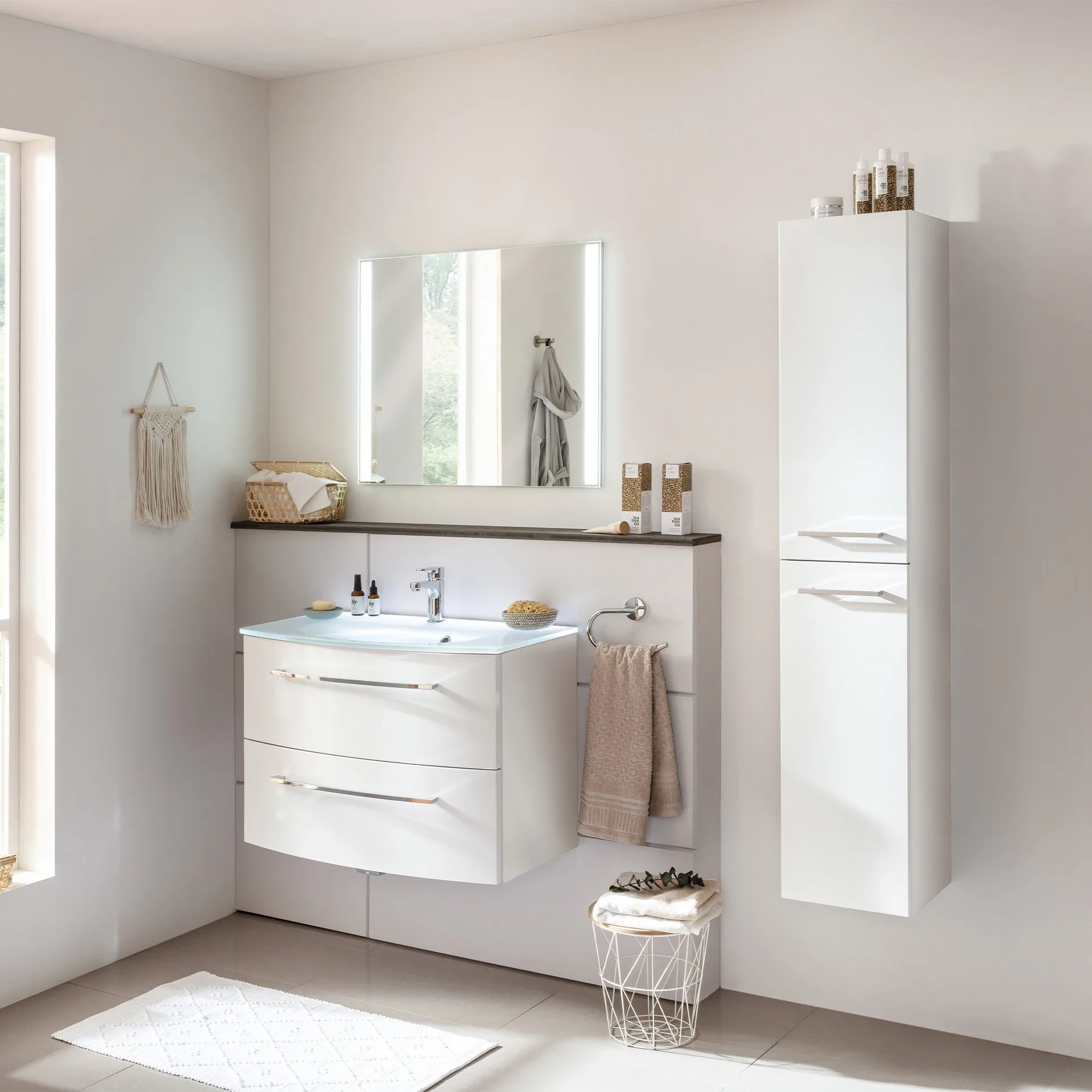 FACKELMANN VERONA Waschbecken mit Unterschrank 80 cm breit, Weiß, Waschbecken Glas Weiß