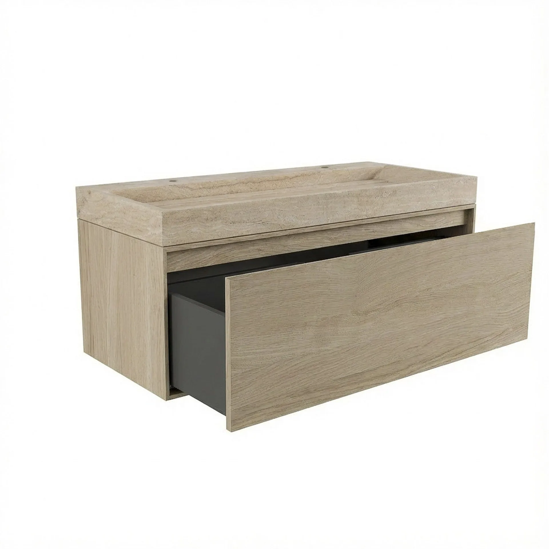 FORZALAQUA IBIZA BELLEZZA Waschbecken mit Unterschrank 100 cm breit, Braun hell, Natursteinwaschbecken Travertin matt mit zwei Hahnlöchern, 1 Schublade