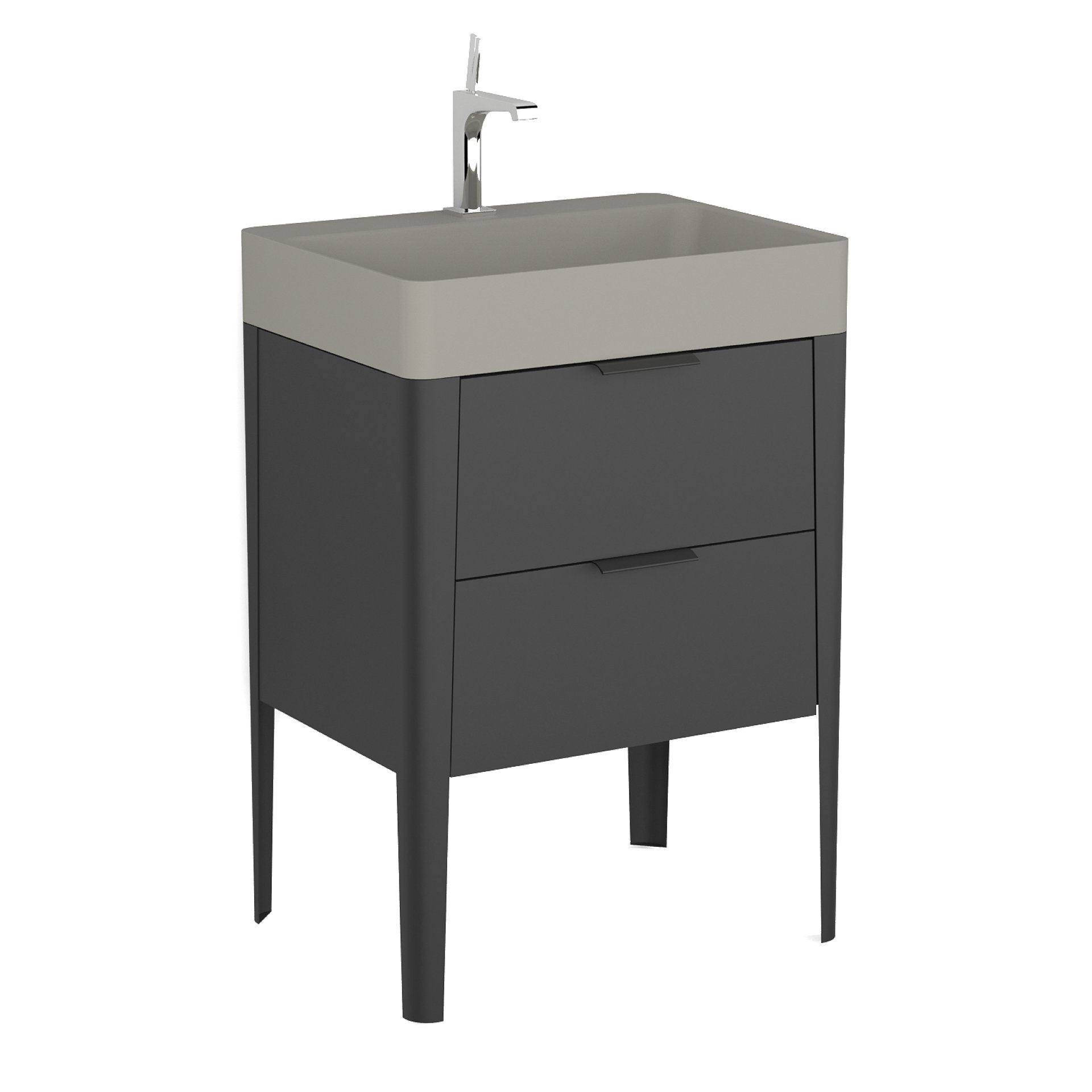 BADEDU SORA Waschbecken mit Unterschrank 60 cm breit, Schwarz matt, Waschbecken Quarzkomposit Grau, aus Aluminium, mit Füßen