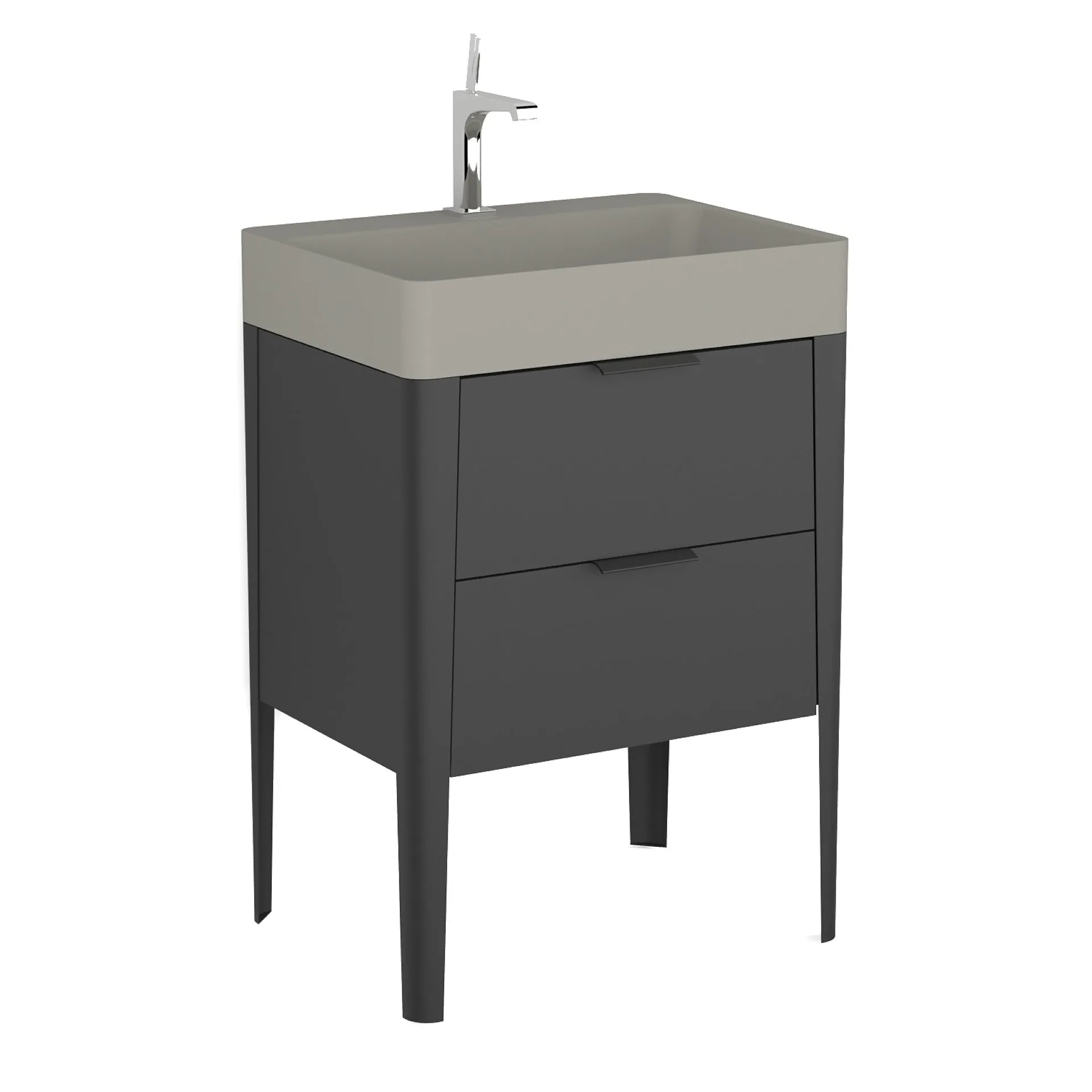BADEDU SORA Waschbecken mit Unterschrank 60 cm breit, Schwarz matt, Waschbecken Quarzkomposit Grau, aus Aluminium, mit Füßen