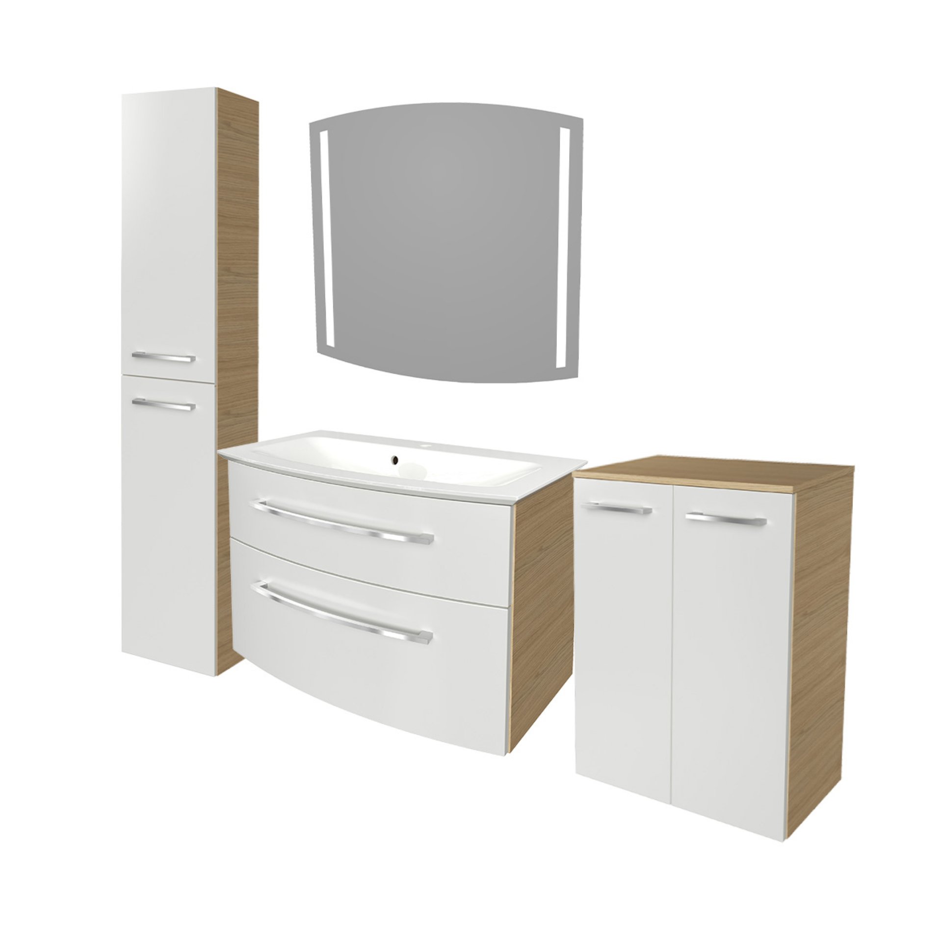 Fackelmann B.STYLE Badmöbel Set 5-teilig,83 cm,Weiß/Braun + Spiegel + Midi + Hochschrank links