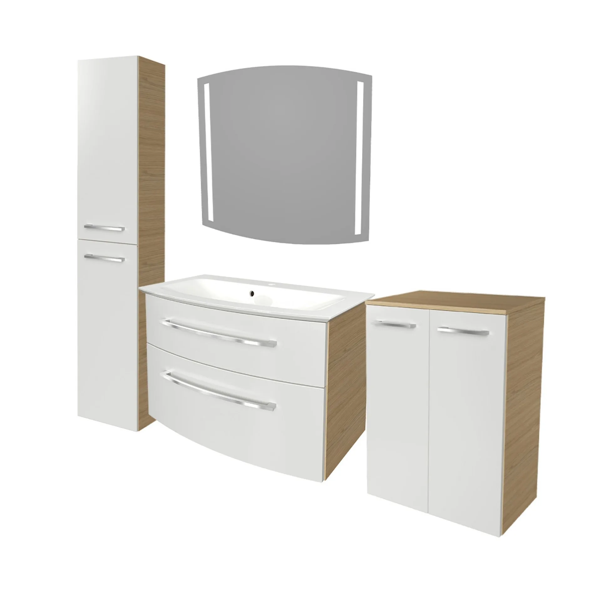 FACKELMANN B.STYLE Badmöbel Set 5-teilig 83 cm breit, Weiß/Braun + LED Spiegel + Hochschrank + Doppel Midischrank