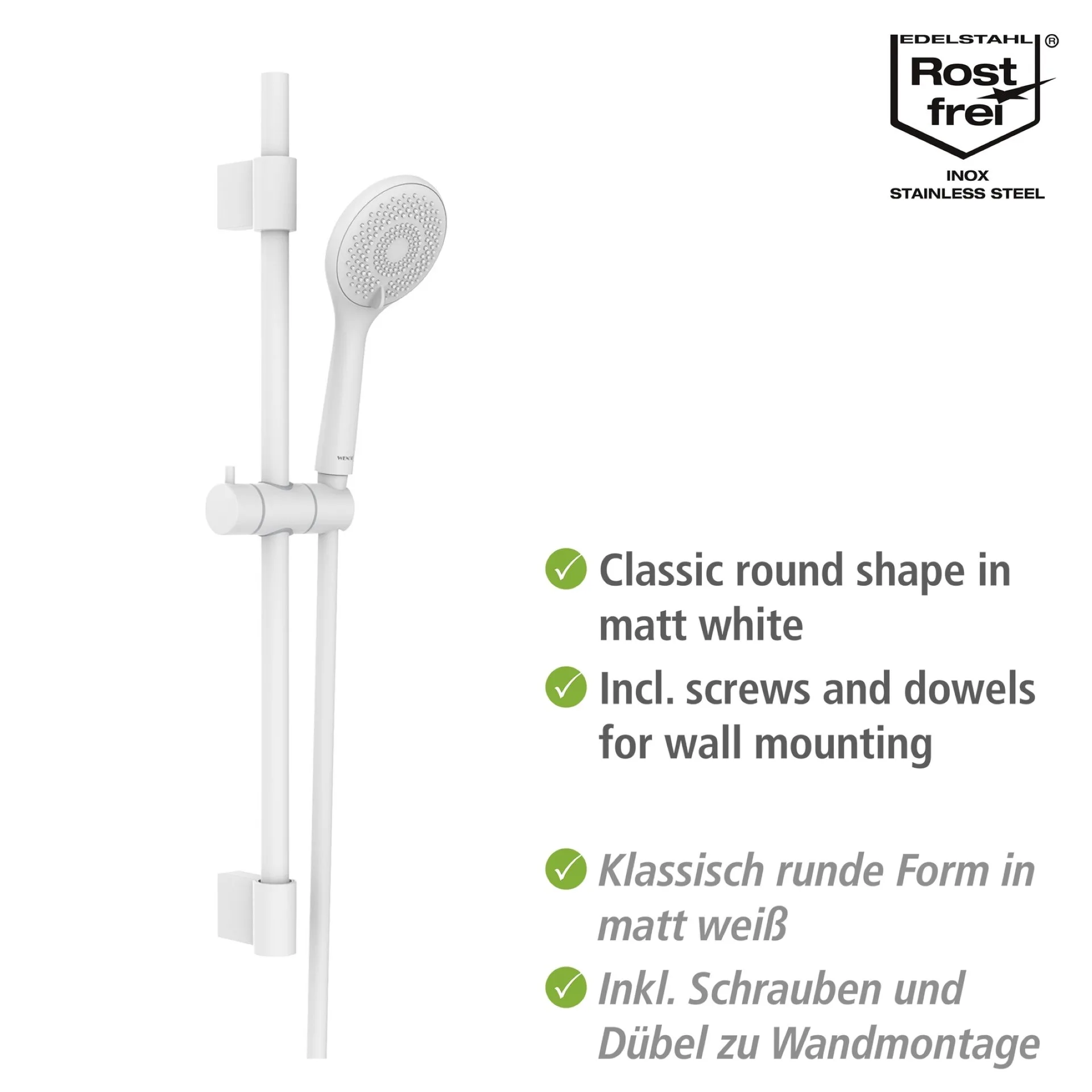 WENKO Stangenbrause Set 70 cm, Weiß, mit Wassersparsystem, 3 verschiedene Wasserstrahlarten, Edelstahl
