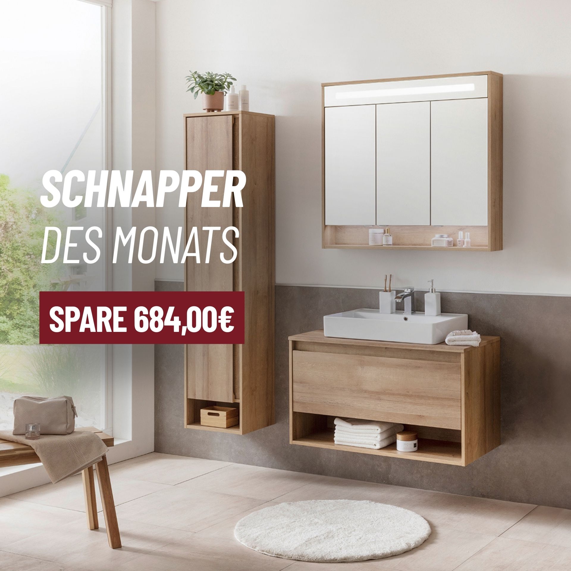 Fackelmann NATURA Badmöbel Set 4-teilig, 94 cm, Braun hell + Spiegelschrank + Hochschrank links