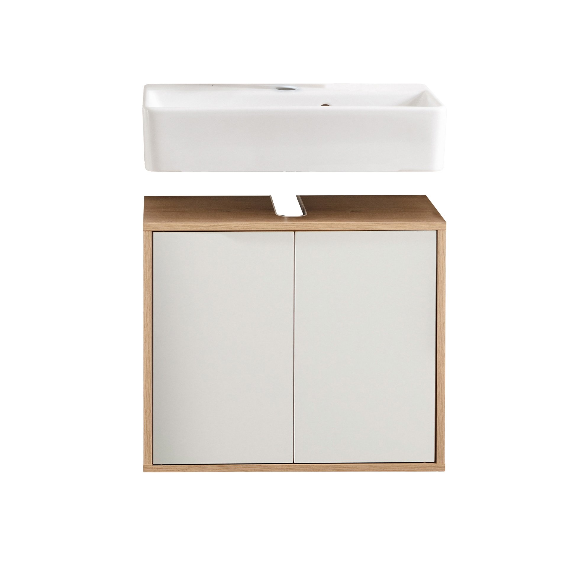 FACKELMANN FINN Waschbecken mit Unterschrank 60 cm breit, Weiß/Braun hell, Waschbecken Keramik Weiß