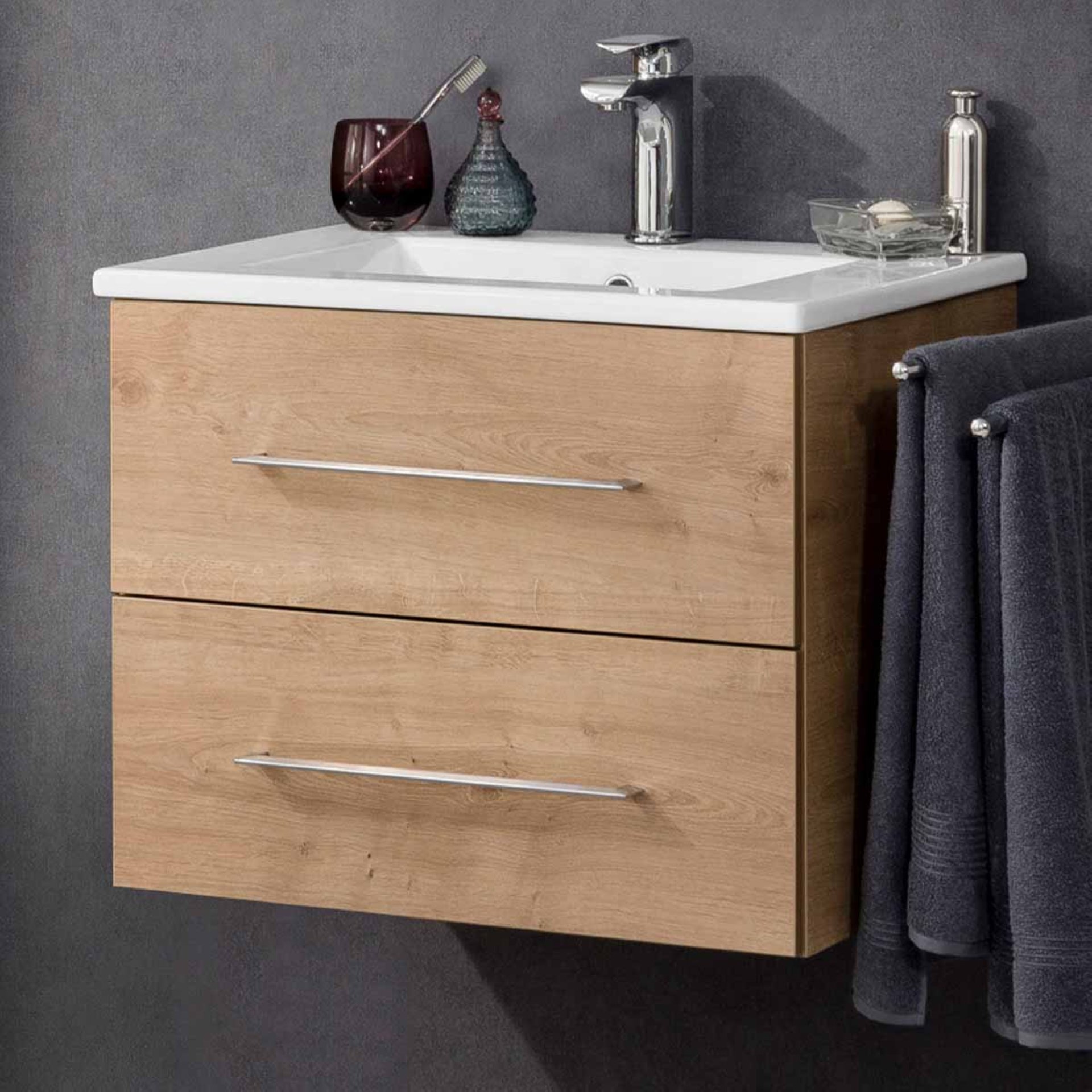 FACKELMANN B.PERFEKT Waschbecken mit Unterschrank 62 cm breit, Braun hell, Waschbecken Keramik Weiß