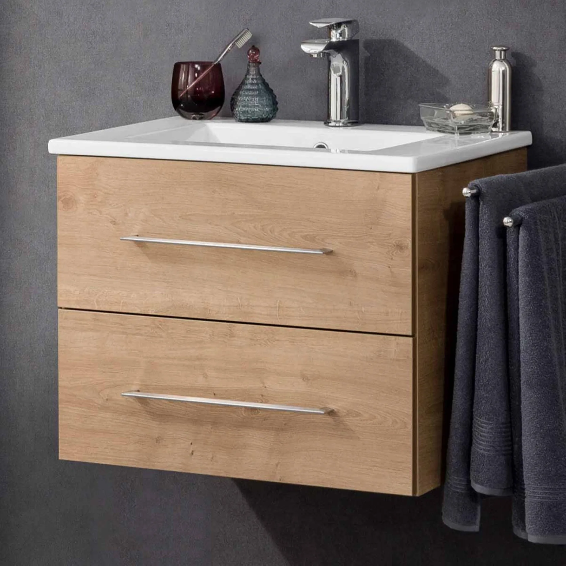 FACKELMANN B.PERFEKT Waschbecken mit Unterschrank 62 cm breit, Braun hell, Waschbecken Keramik Weiß