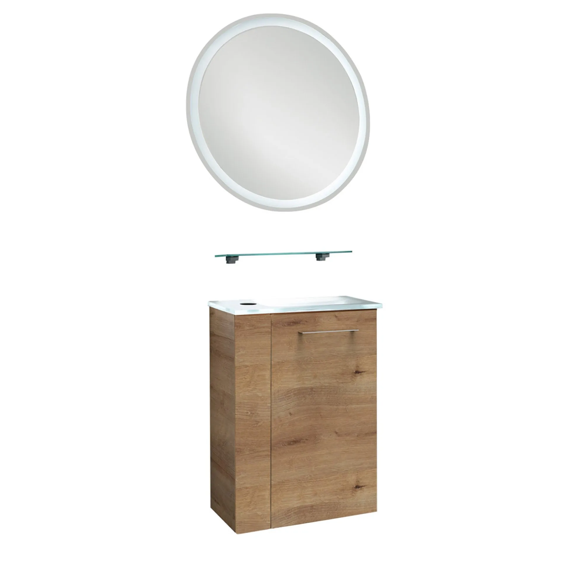 FACKELMANN SBC MILANO Gäste WC Waschtisch Set mit Spiegel 45 cm breit, Braun hell, Waschbecken Glas Weiß, Türanschlag rechts + Glasablage