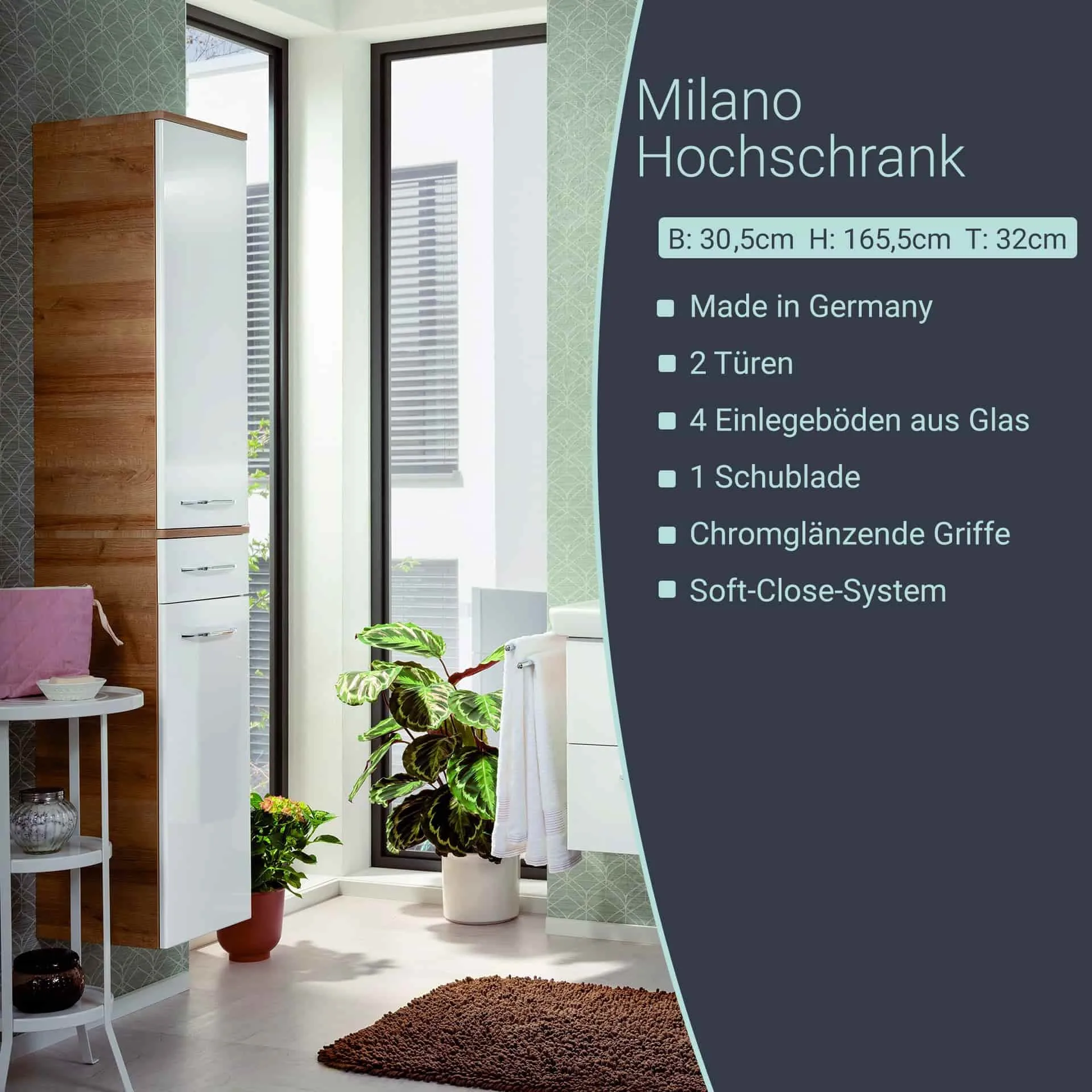 FACKELMANN MILANO Hochschrank 30 cm breit, Weiß/Braun hell