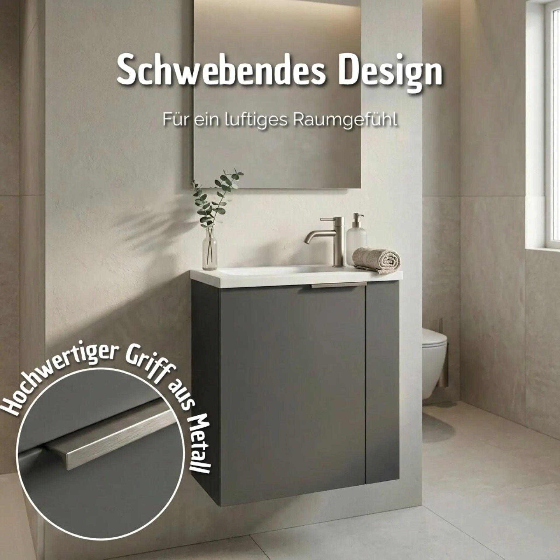 BADEDU UMEA Gäste WC Waschtisch Set 50 cm breit, Anthrazit, Waschbecken Gussmarmor Weiß