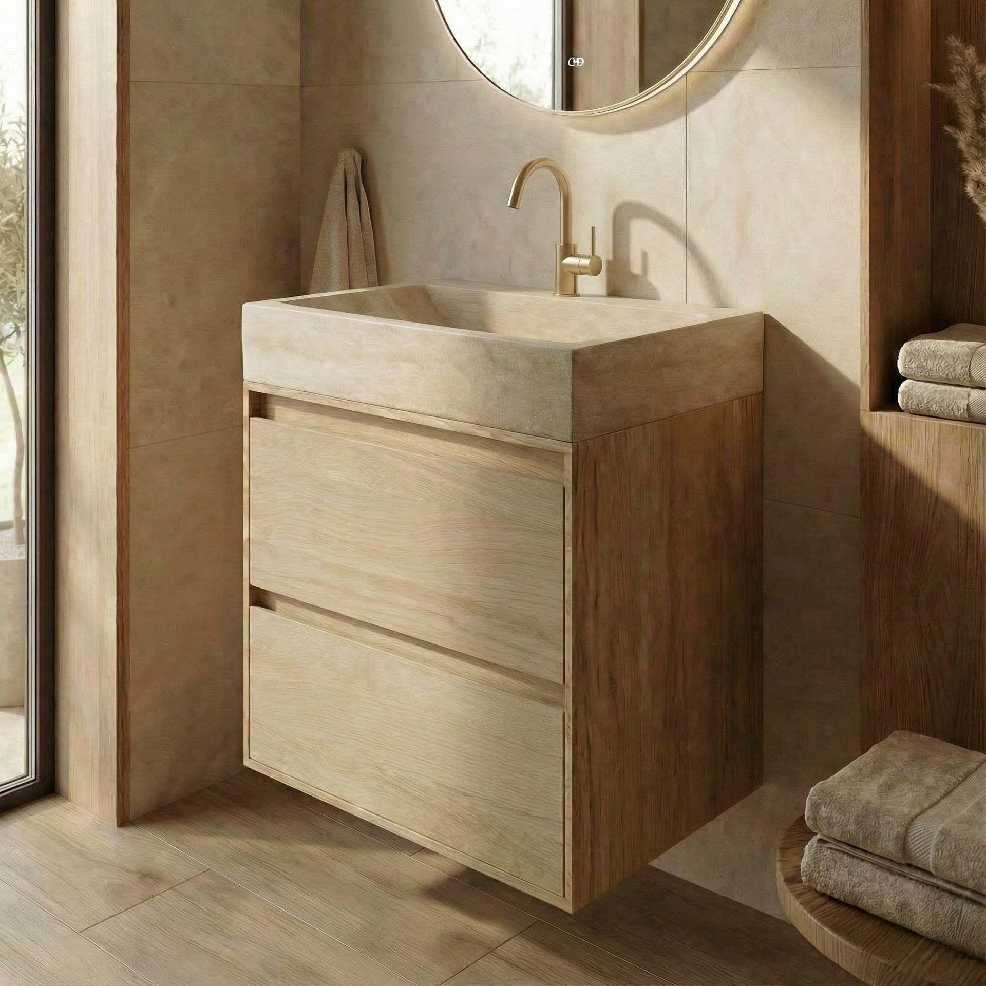 FORZALAQUA IBIZA BELLEZZA Waschbecken mit Unterschrank 80 cm breit, Braun hell, Natursteinwaschbecken Travertin matt mit Hahnloch, 2 Schubladen