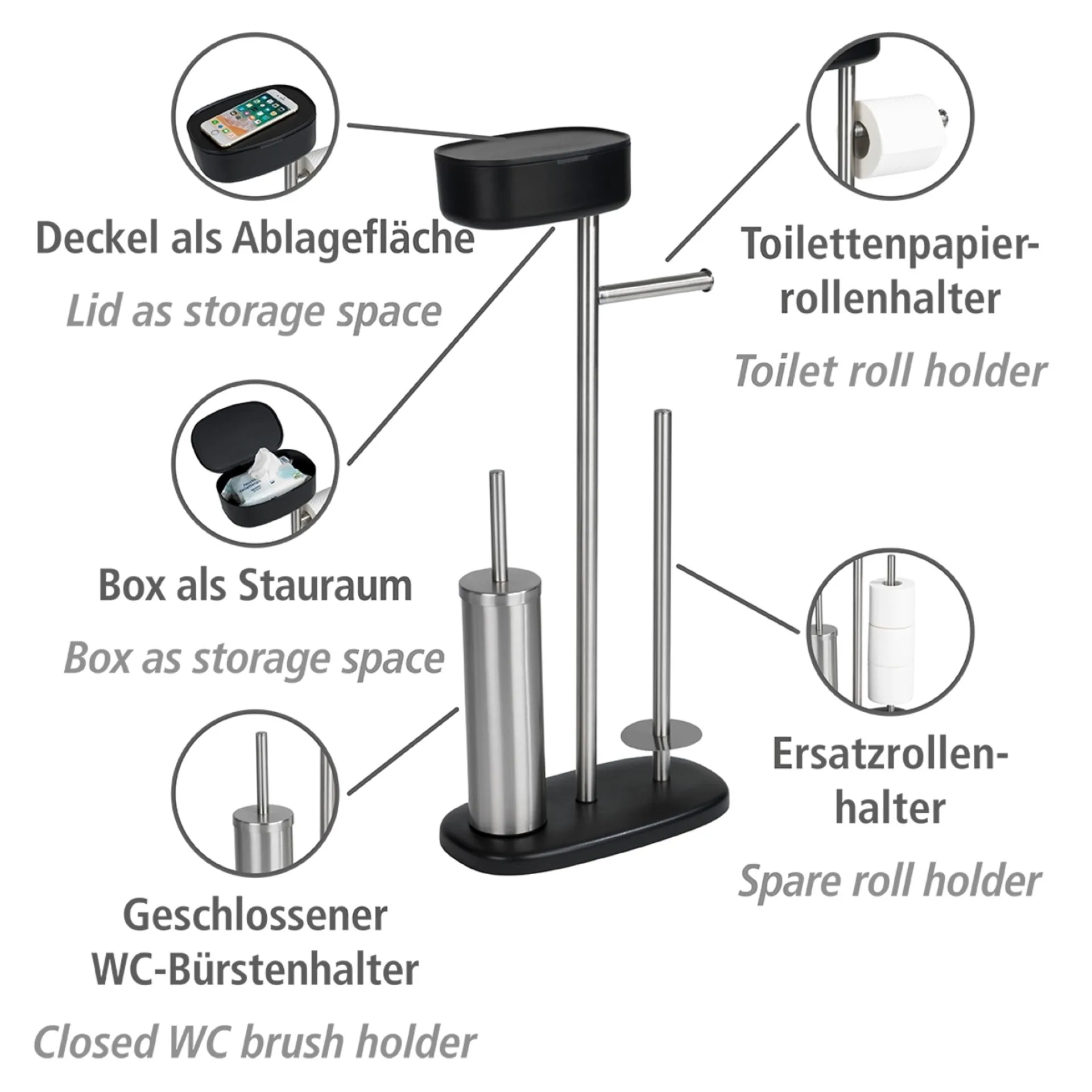 WENKO RIVAZZA WC-Garnitur, Schwarz/Silber, mit Toilettenpapierhalter, Bevorrater und Ablage, stehend