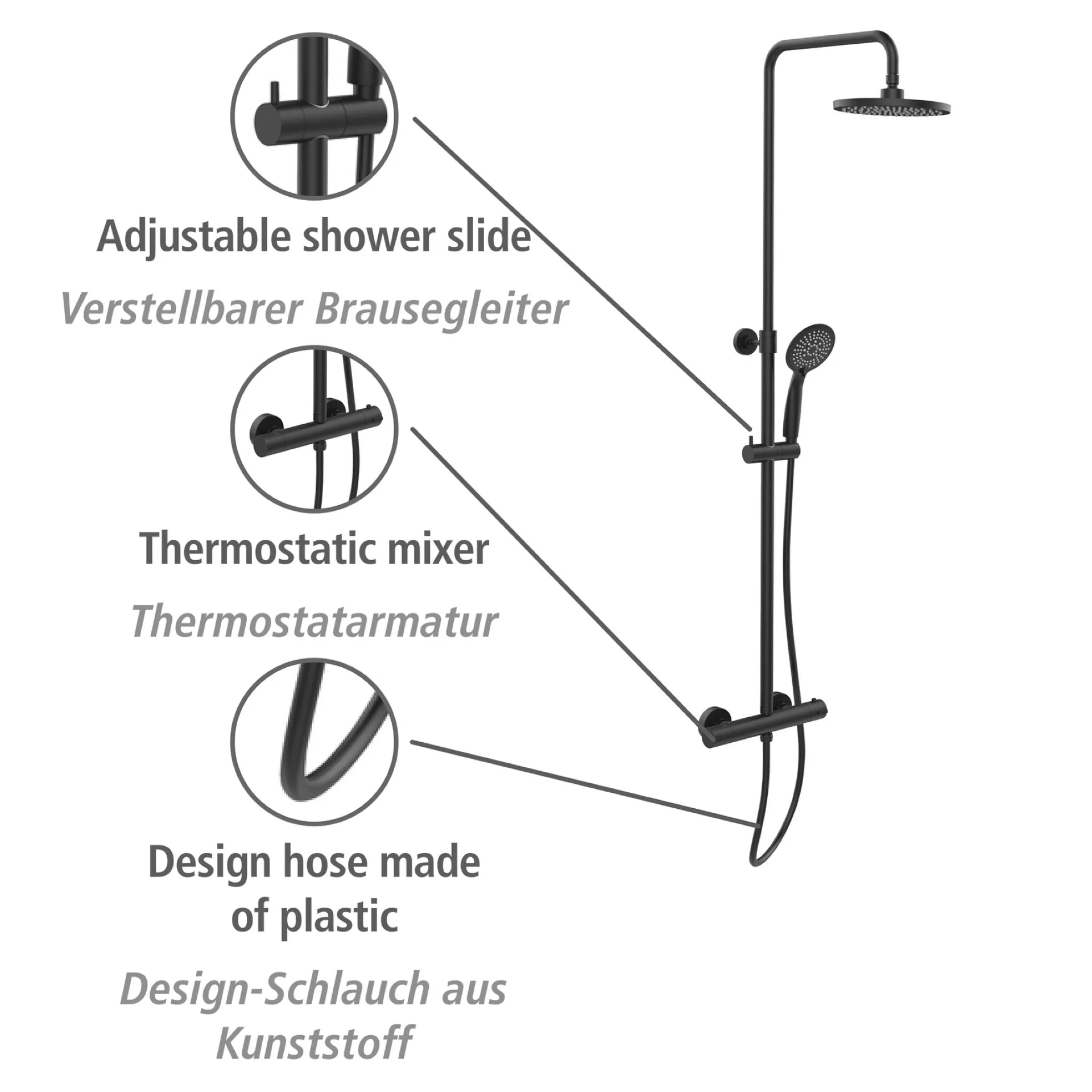 WENKO YOUNG ECO Duschsystem, Schwarz, mit Wassersparsystem, 5 verschiedene Wasserstrahlarten, Duschthermostat
