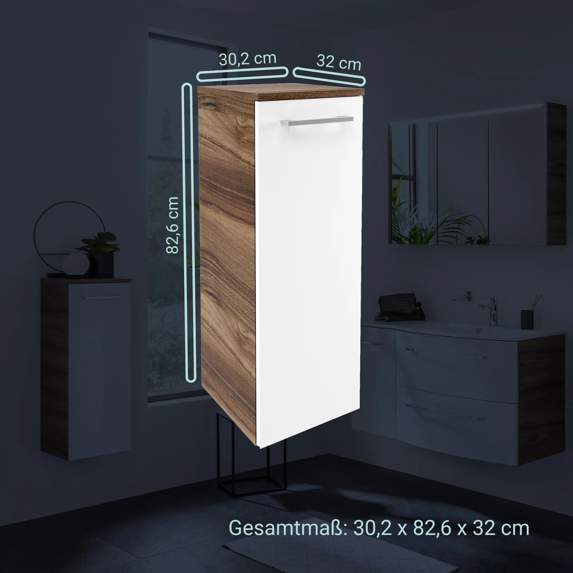 FACKELMANN VERONA Midischrank 30 cm breit, Weiß Hochglanz/Braun Dunkel, Türanschlag links