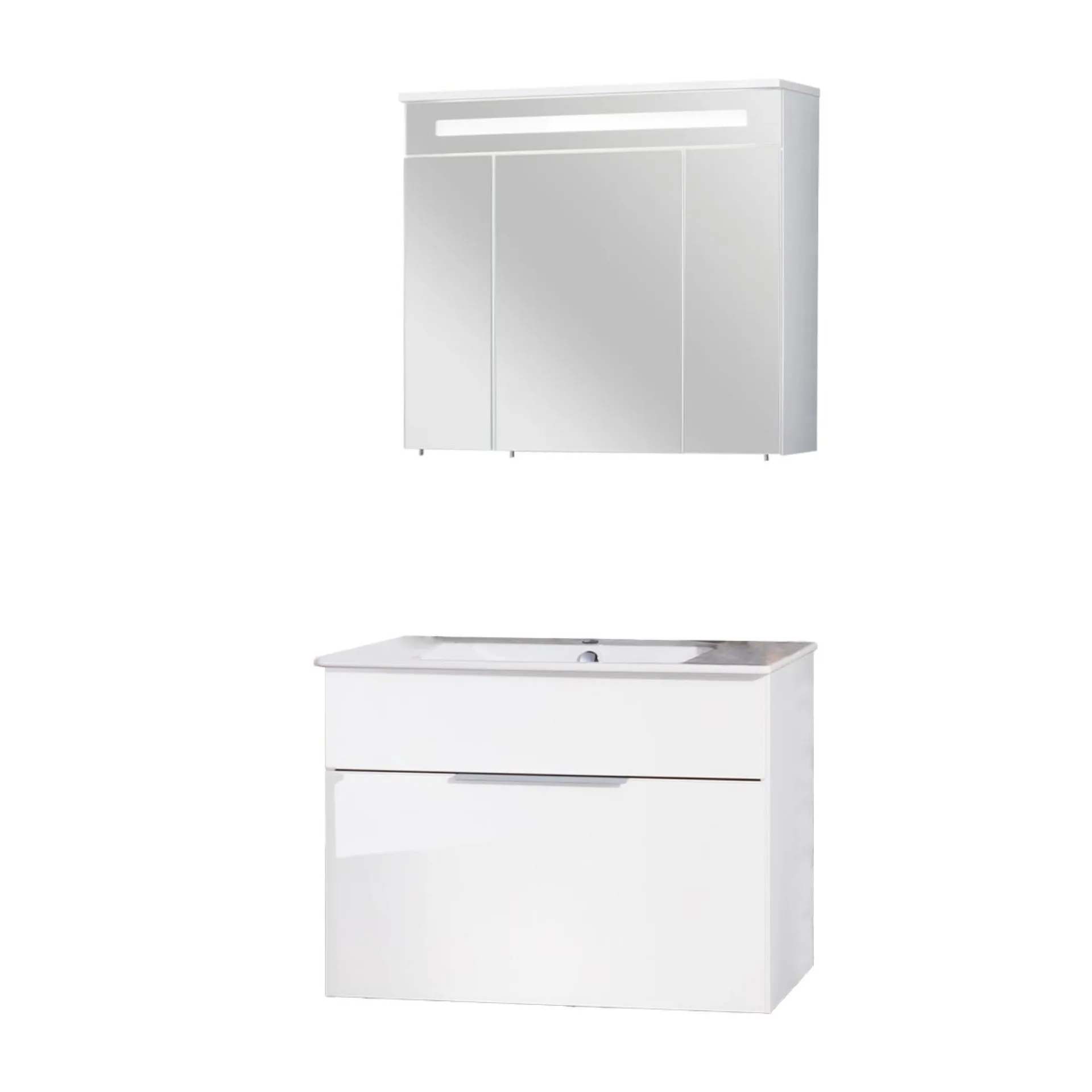 FACKELMANN KARA Waschtisch Set mit Spiegelschrank 80 cm breit, Weiß, Waschbecken Keramik Weiß, 1 Schublade