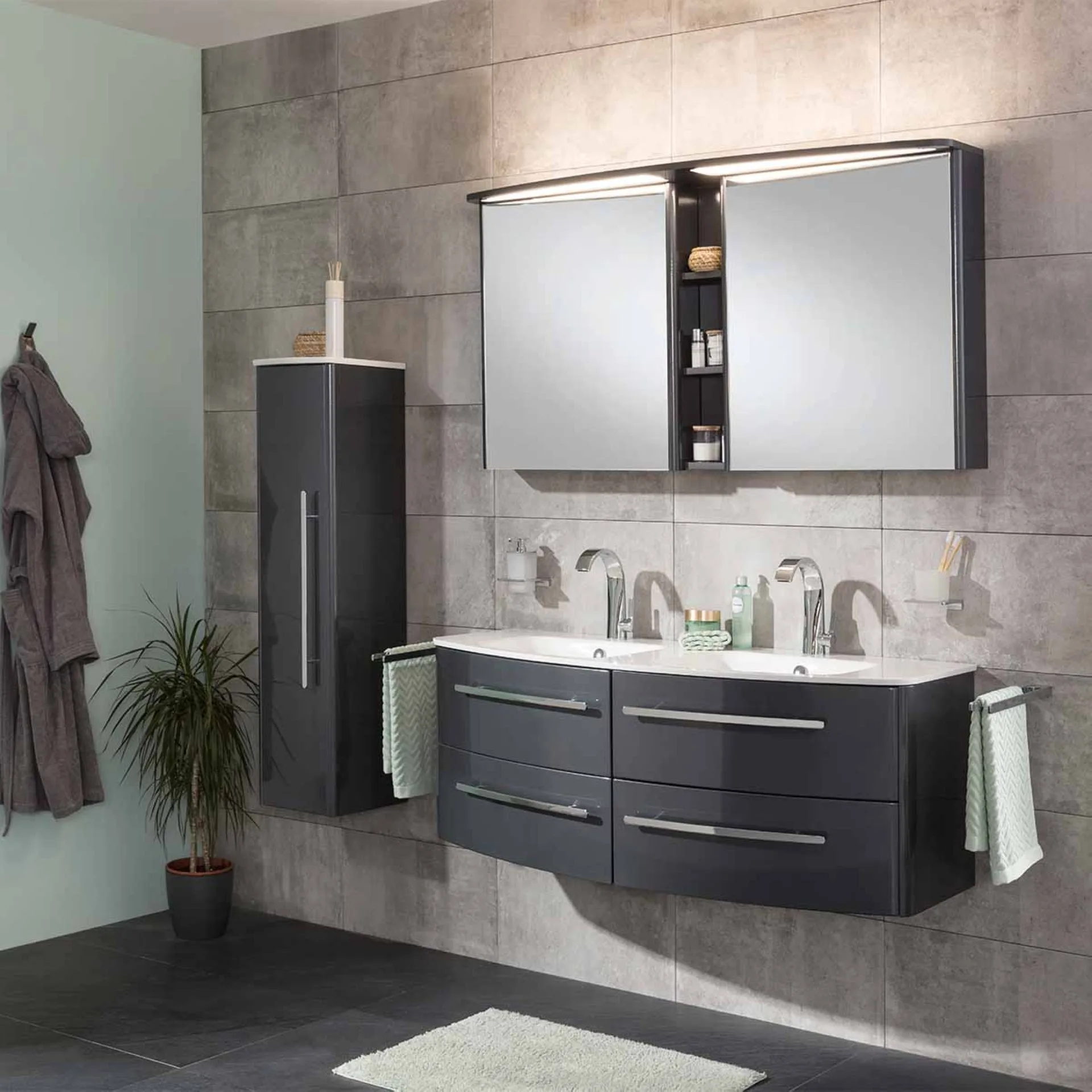 LANZET CLASSICO Waschbecken mit Unterschrank 140 cm breit, Anthrazit, Doppelwaschbecken Gussmarmor Weiß