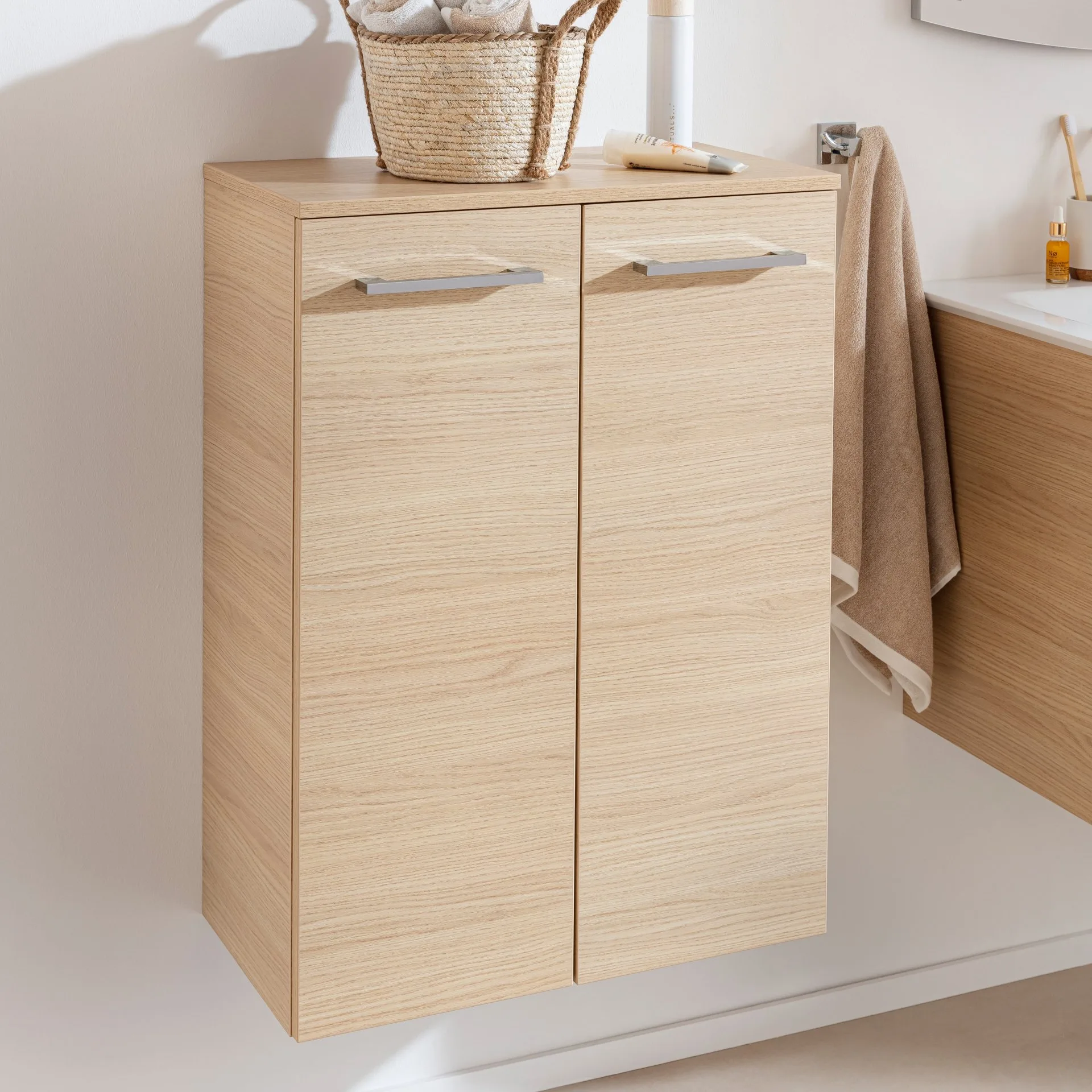FACKELMANN B.STYLE Doppel Midischrank 60 cm, Braun mit Wäschekorb