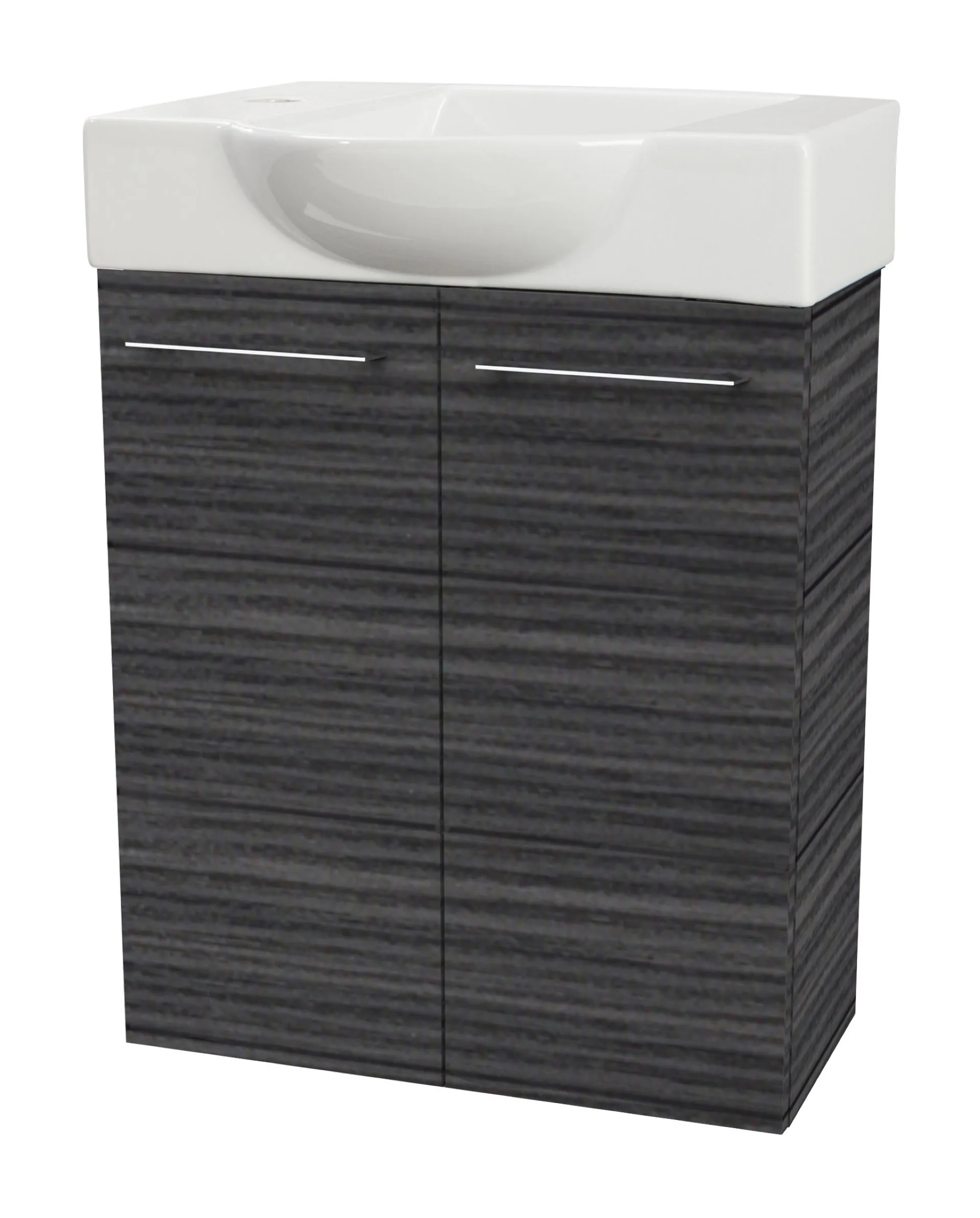 FACKELMANN SBC B.PERFEKT Gäste WC Waschtisch Set 55 cm breit, Anthrazit Holzoptik, Waschbecken Keramik Weiß, Hahnloch links