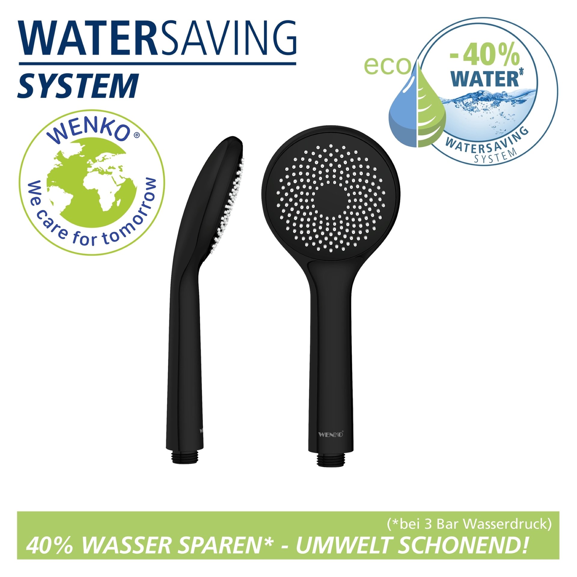 WENKO Duschkopf Ø 9,5 cm, Schwarz, mit Wassersparsystem