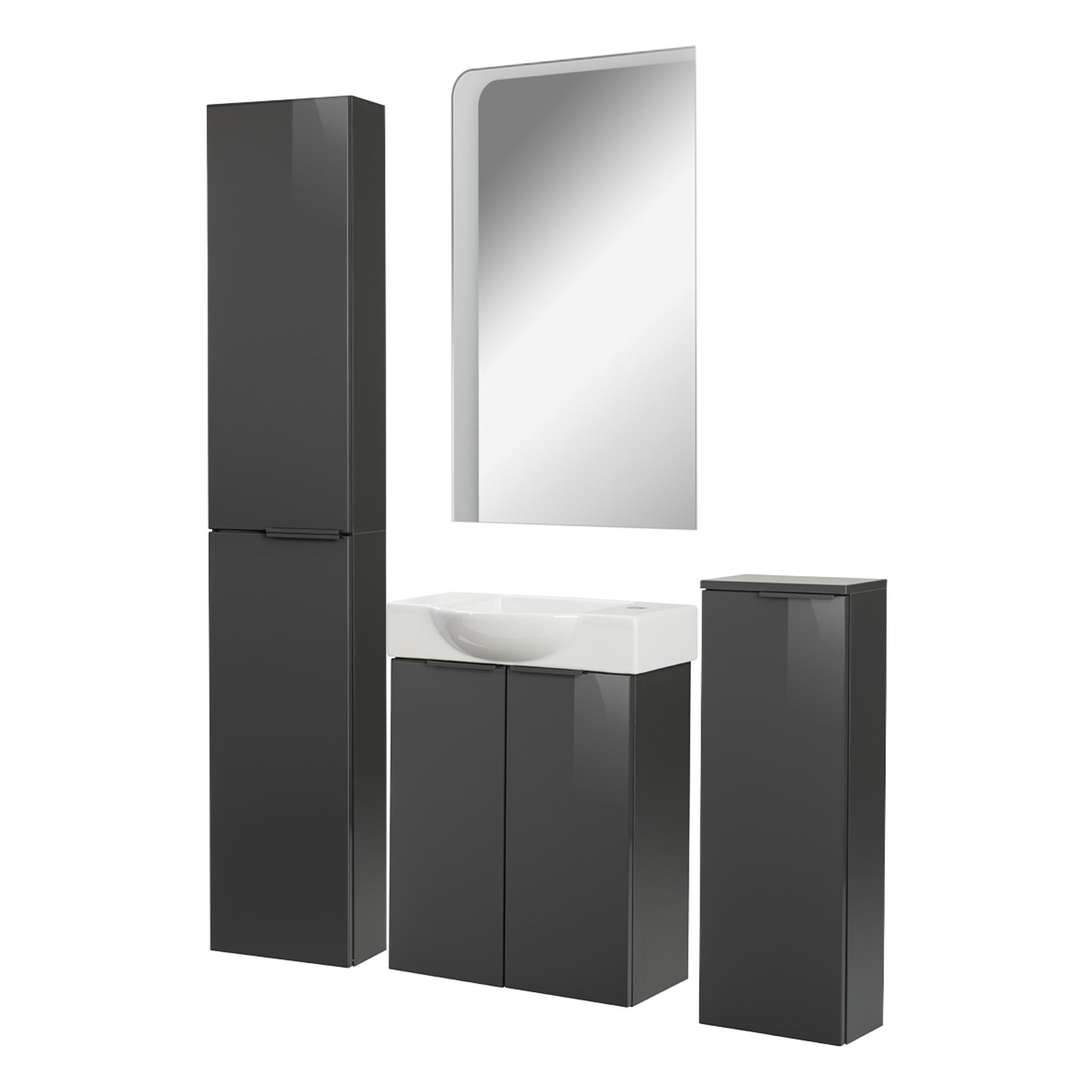 Fackelmann SBC LUNA Gäste WC Set 5-teilig 55 cm, Anthrazit, Keramik rechts+Spiegel+2 Schränke slim