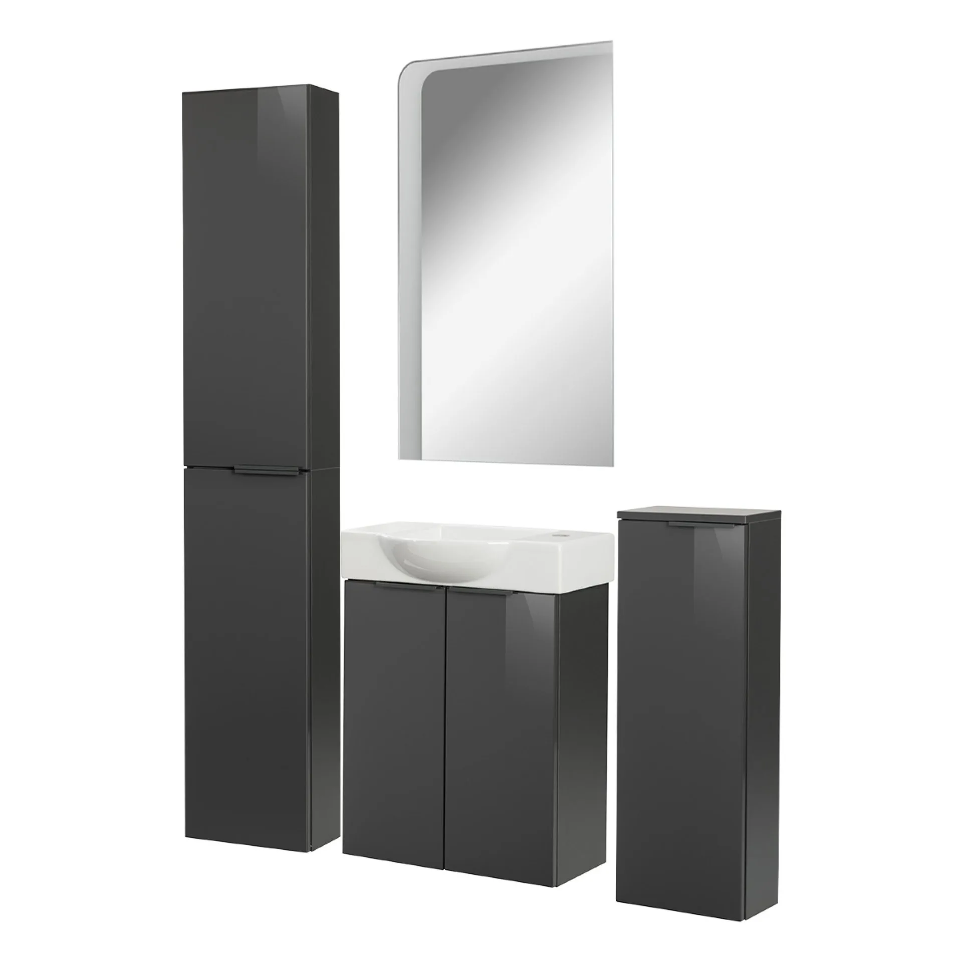 FACKELMANN SBC LUNA Gäste WC Set 5-teilig 55 cm breit, Anthrazit, Waschbecken Keramik Weiß Hahnloch rechts + LED Spiegel + Hochschrank slim + Midischrank slim