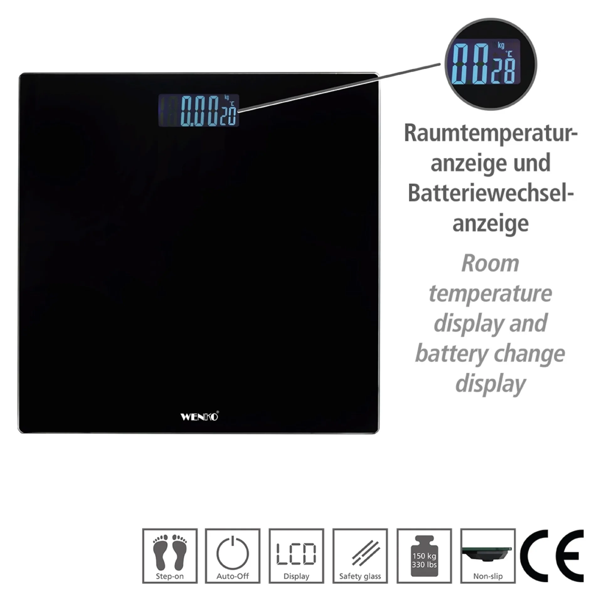 WENKO LCD Personenwaage, Schwarz, digital, bis 150 kg