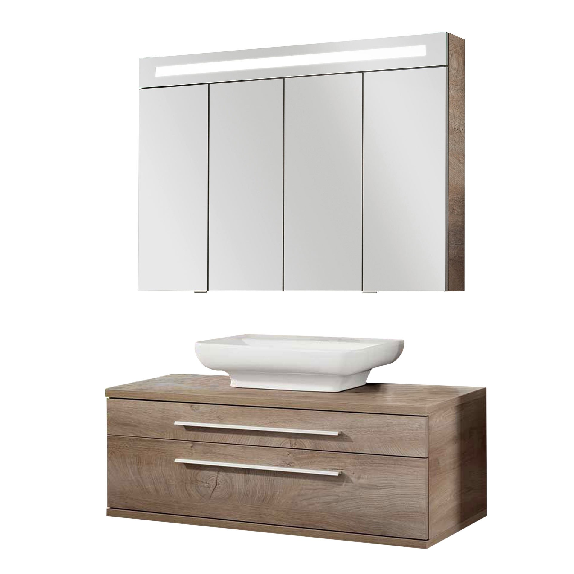 Fackelmann STANFORD Badmöbel Set 3-teilig,110 cm breit, Braun, Keramikbecken + Spiegelschrank